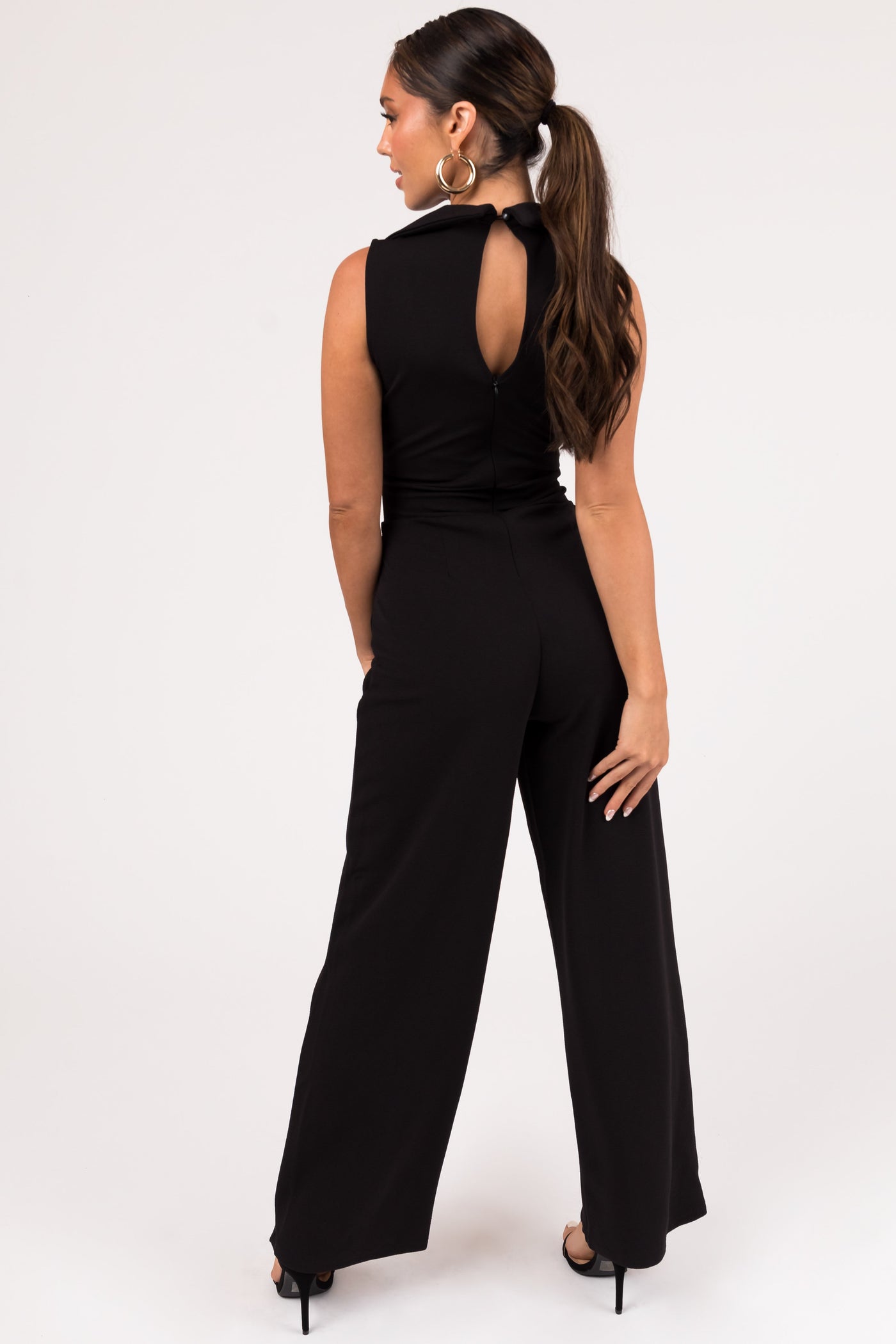 Black Sleeveless Collared V Neck Jumpsuit