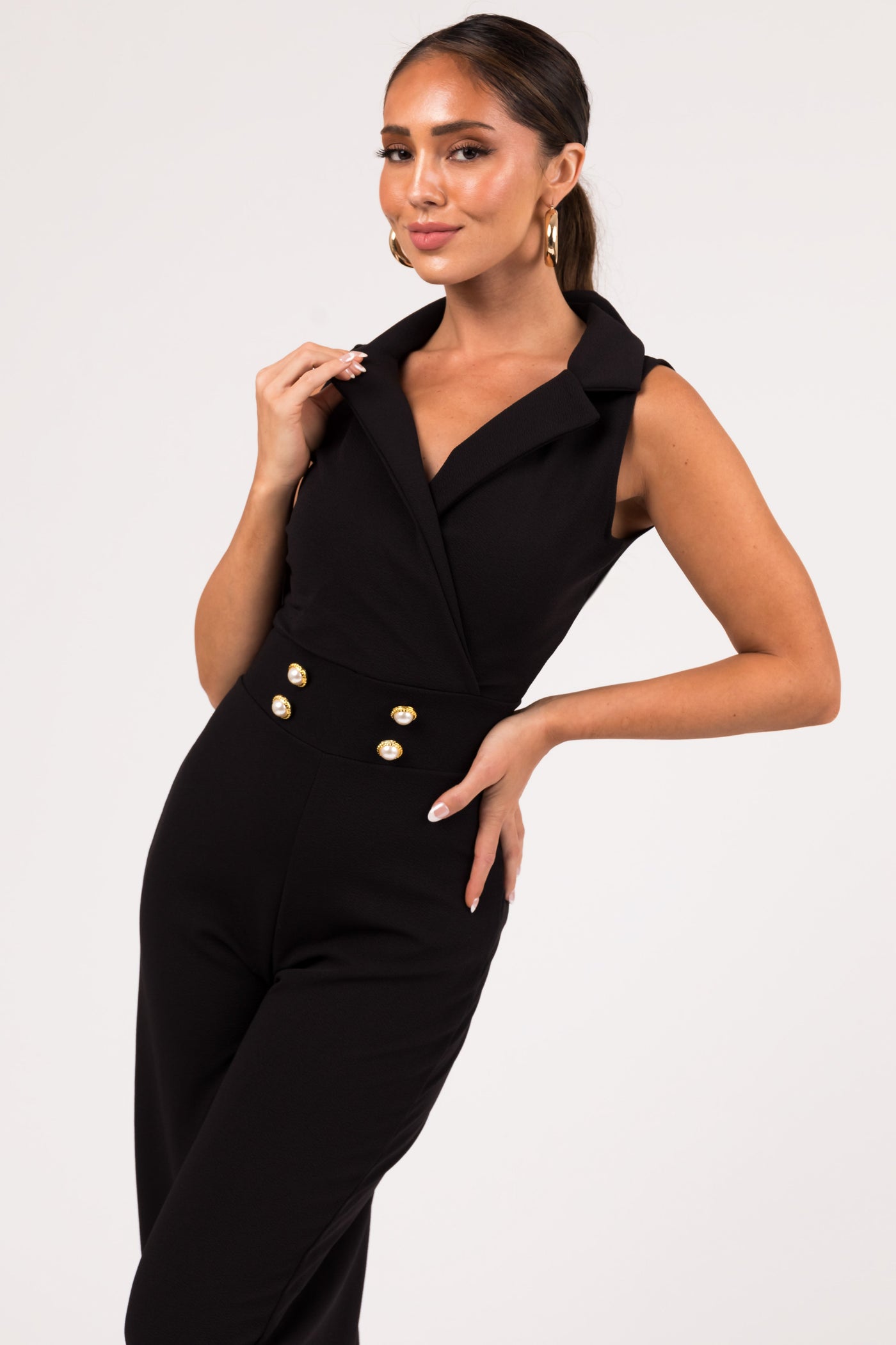 Black Sleeveless Collared V Neck Jumpsuit