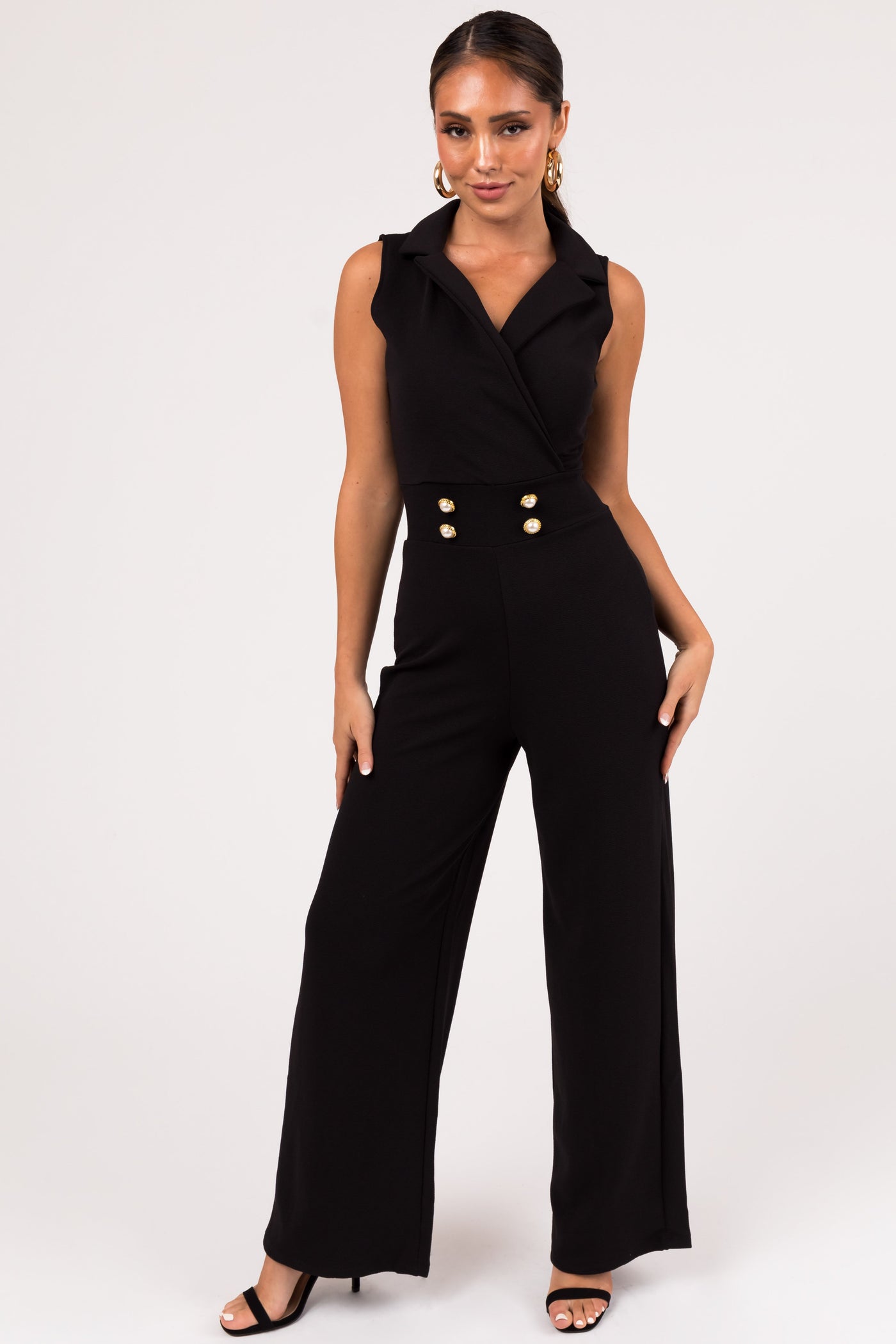 Black Sleeveless Collared V Neck Jumpsuit