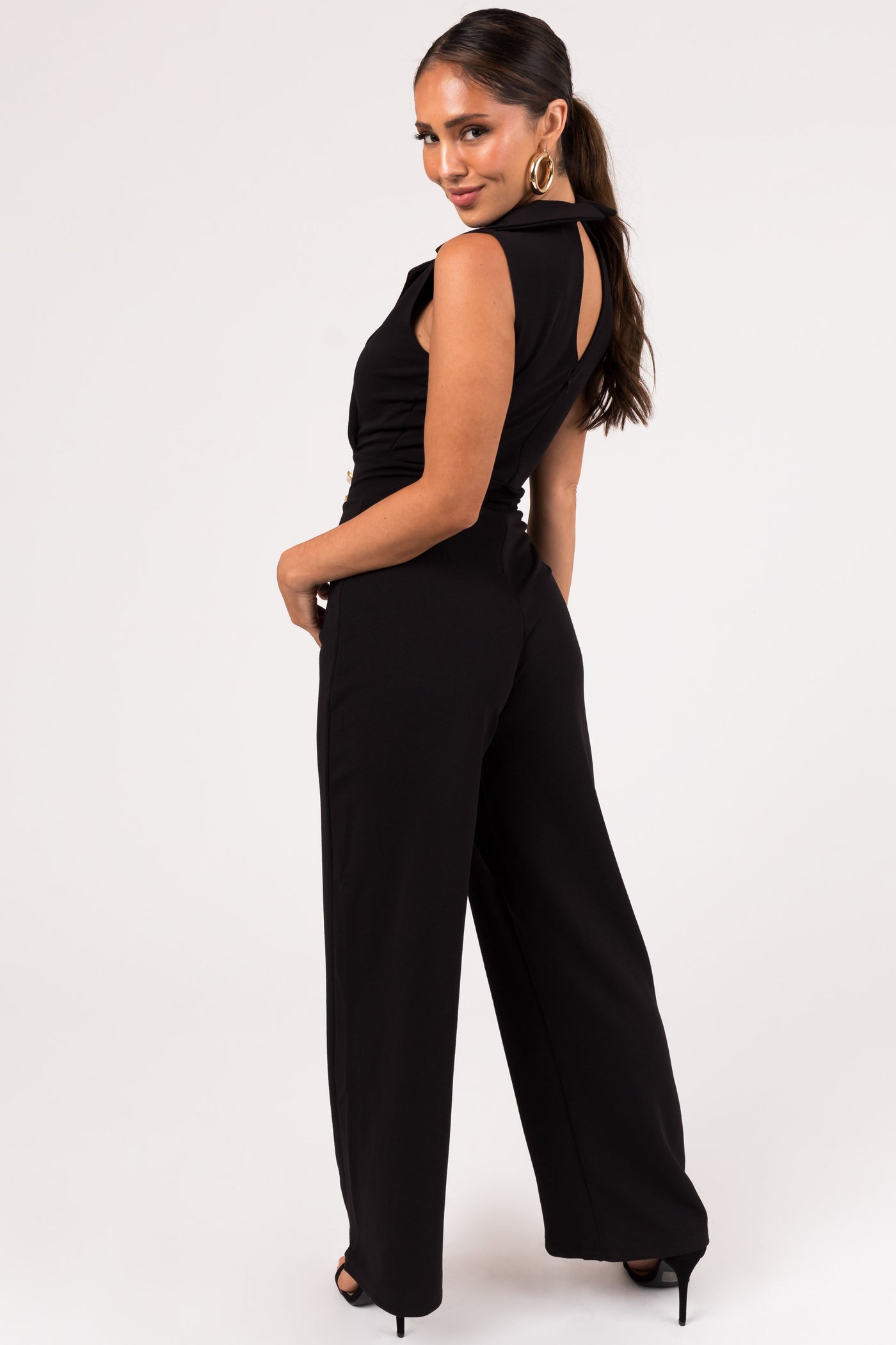 Black Sleeveless Collared V Neck Jumpsuit