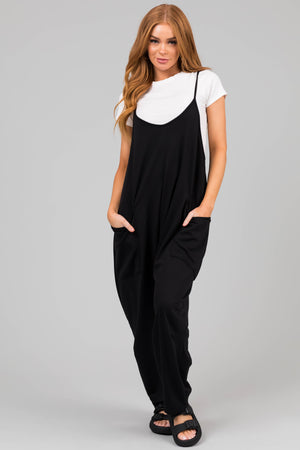 Black Sleeveless Front Pocket Loose Jumpsuit