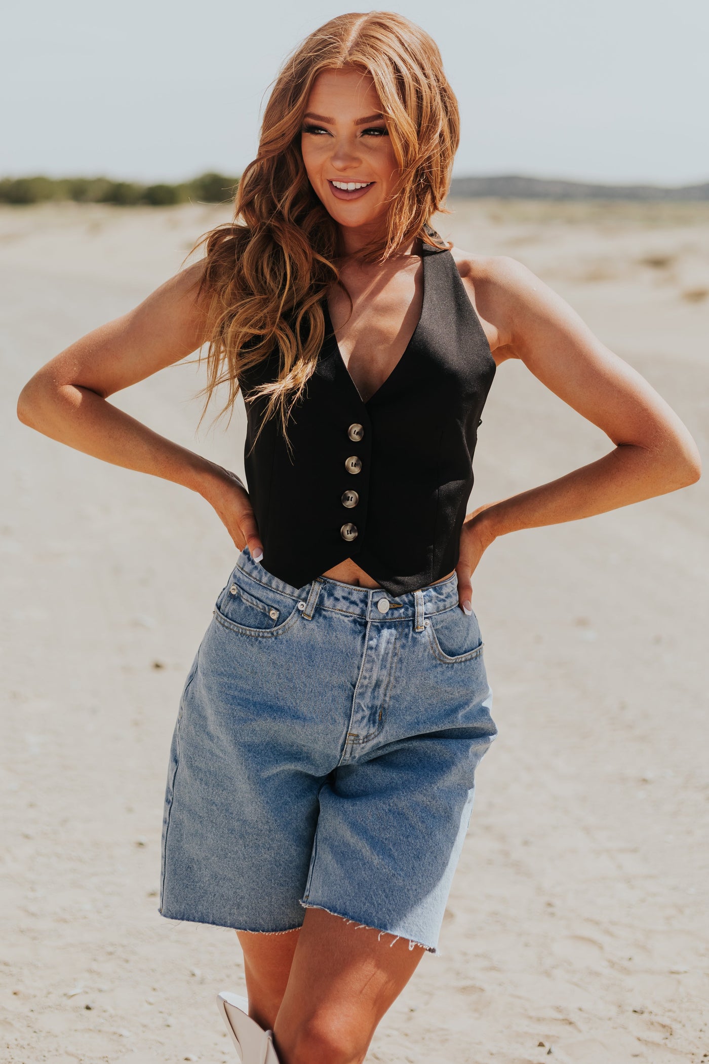 Black Sleeveless Halter Neck Button Up Vest