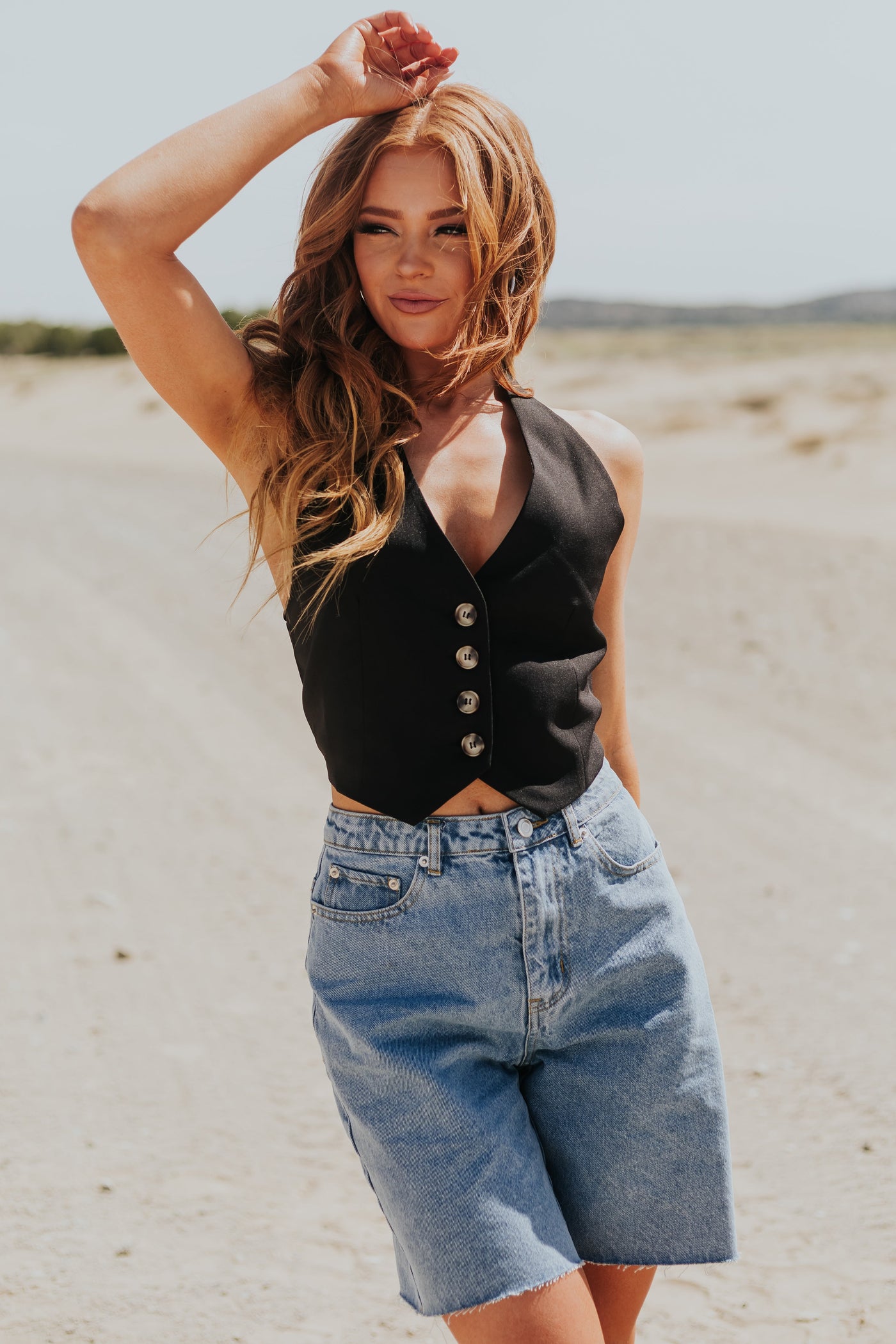 Black Sleeveless Halter Neck Button Up Vest