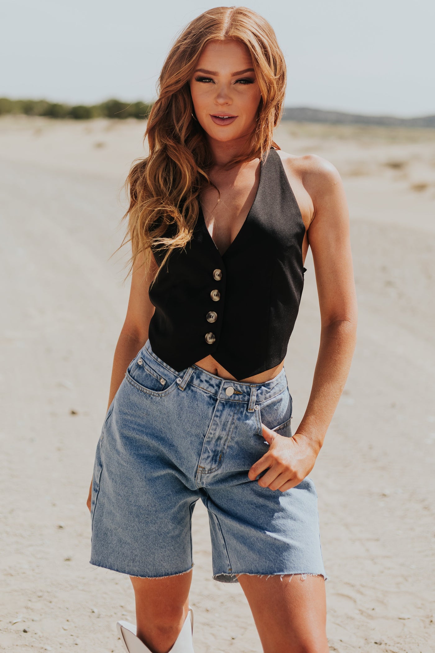 Black Sleeveless Halter Neck Button Up Vest