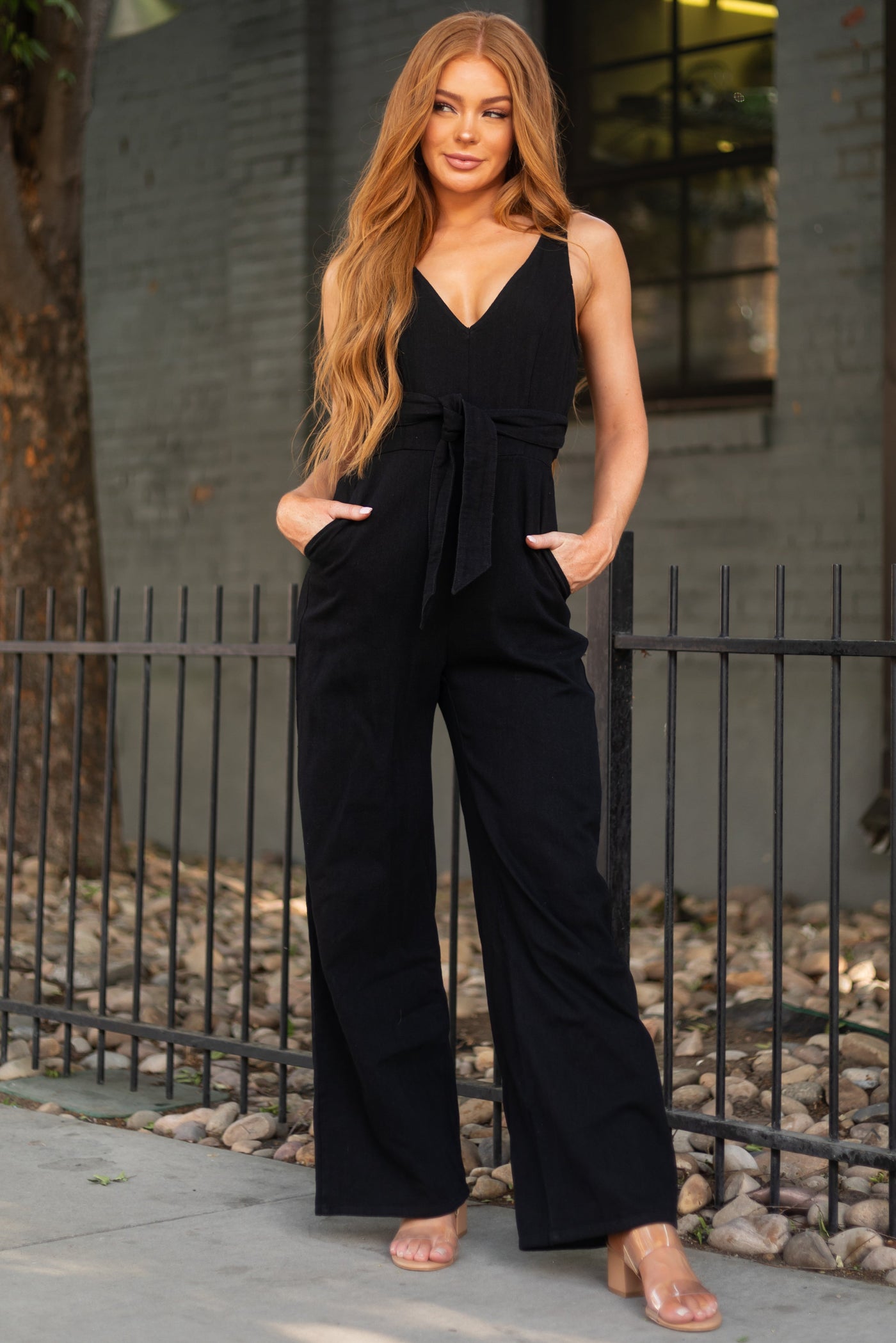 Black Sleeveless Wide Leg Denim Jumpsuit