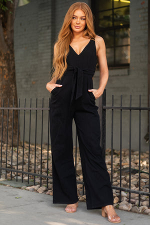 Black Sleeveless Wide Leg Denim Jumpsuit