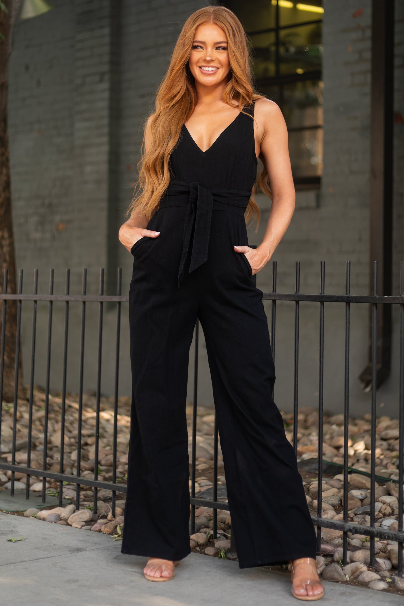 Black Sleeveless Wide Leg Denim Jumpsuit