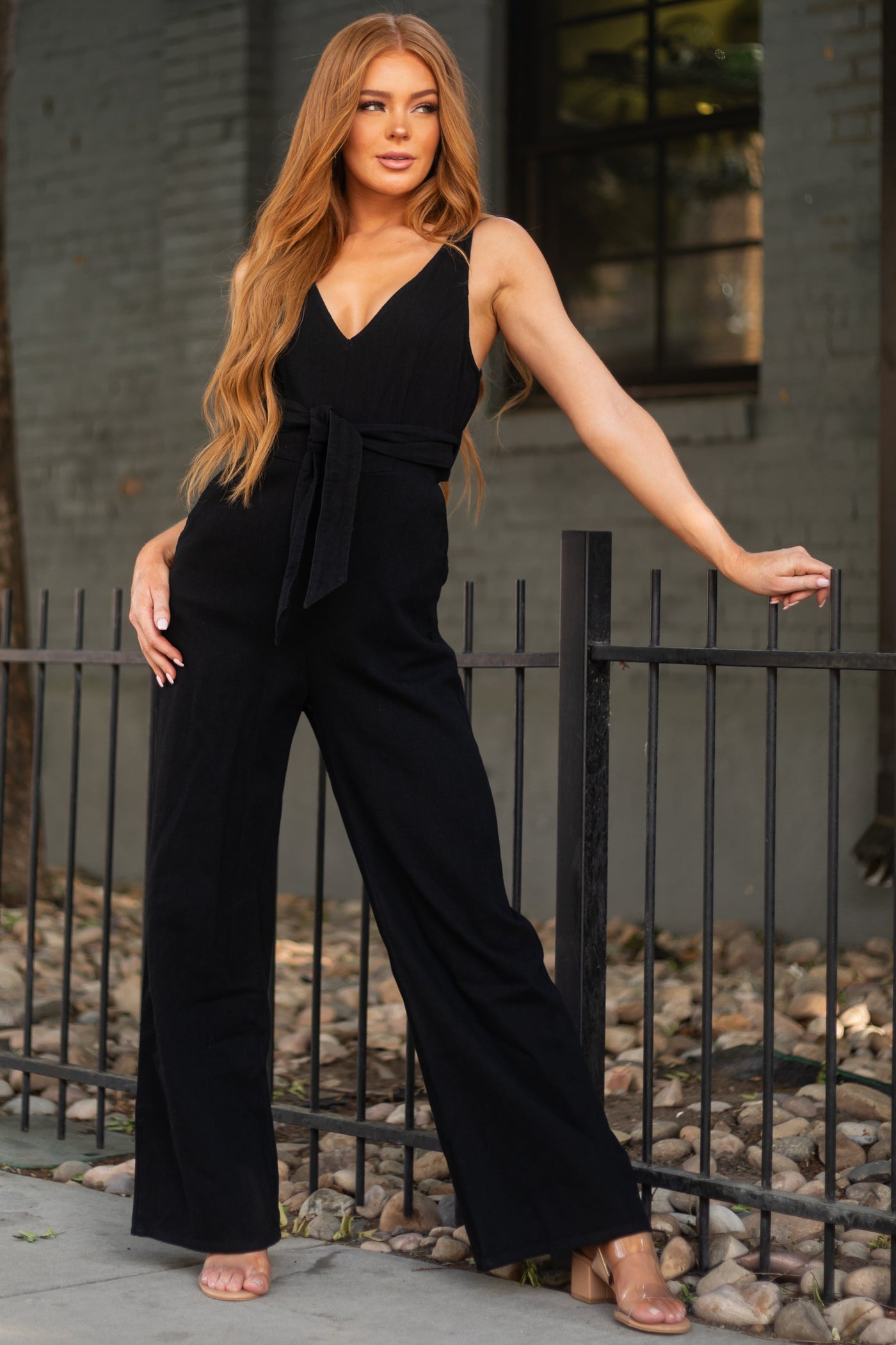 Black Sleeveless Wide Leg Denim Jumpsuit