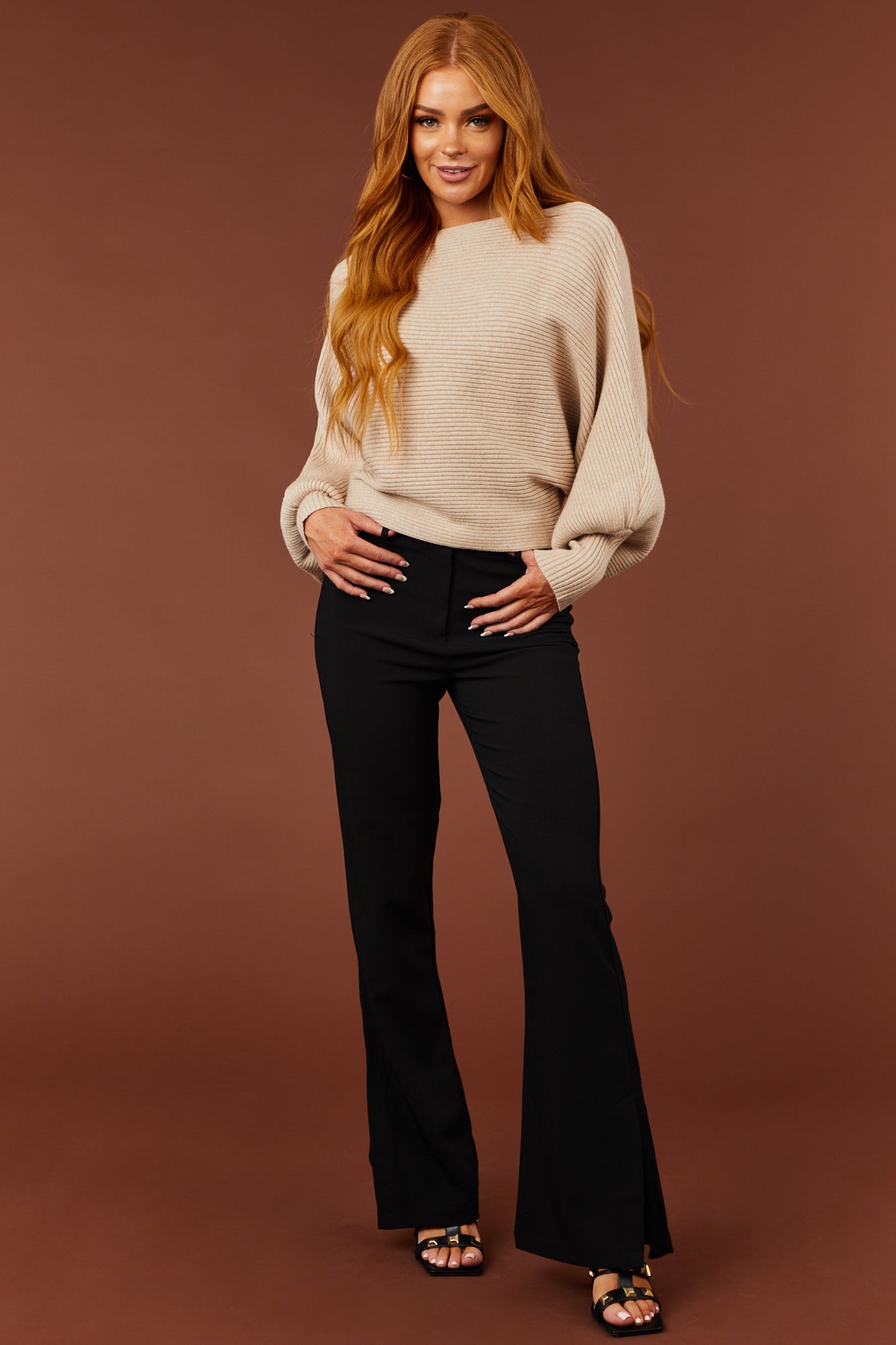 Black Slit Flare Leg Twill Pants