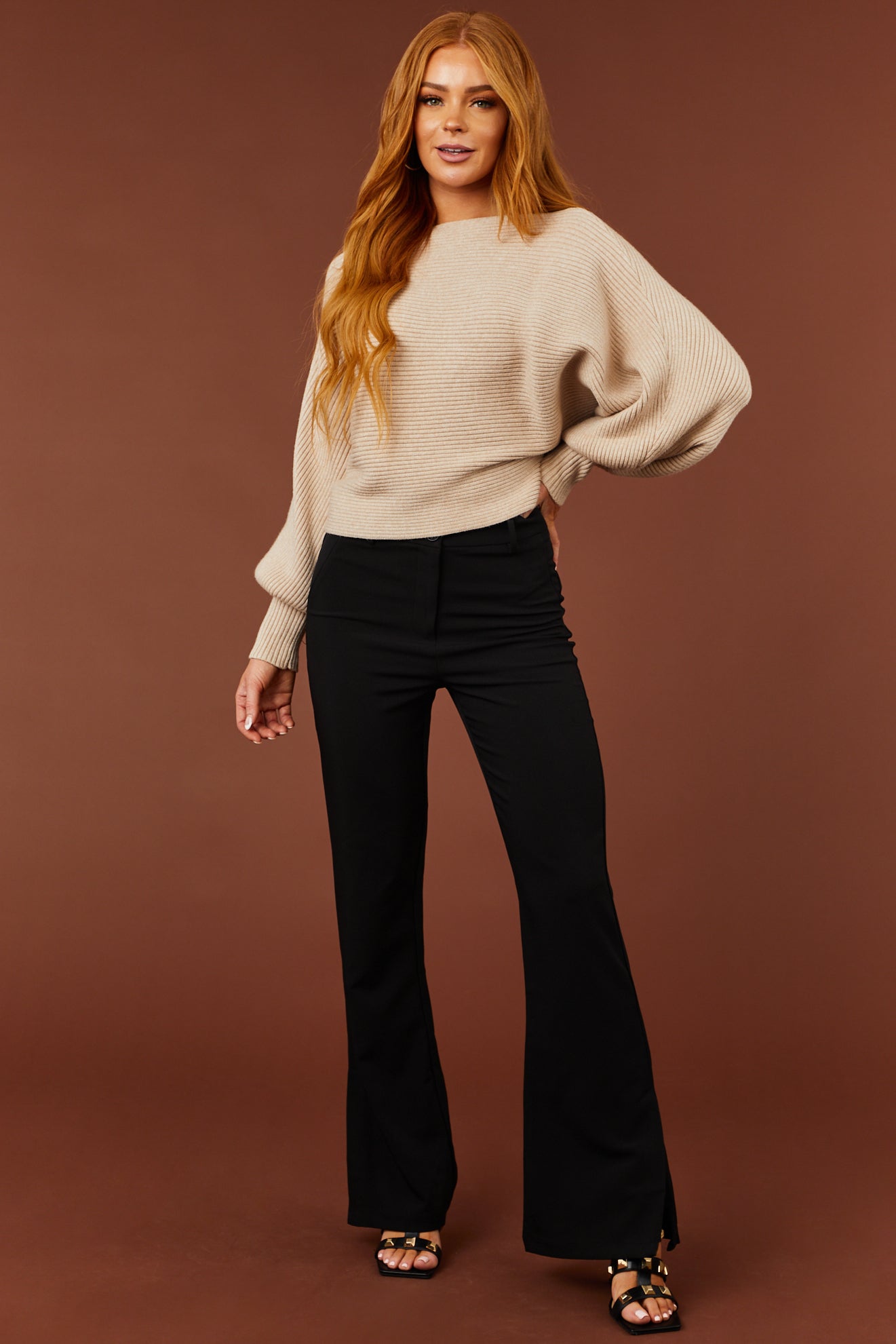 Black Slit Flare Leg Twill Pants