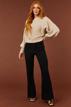 Black Slit Flare Leg Twill Pants