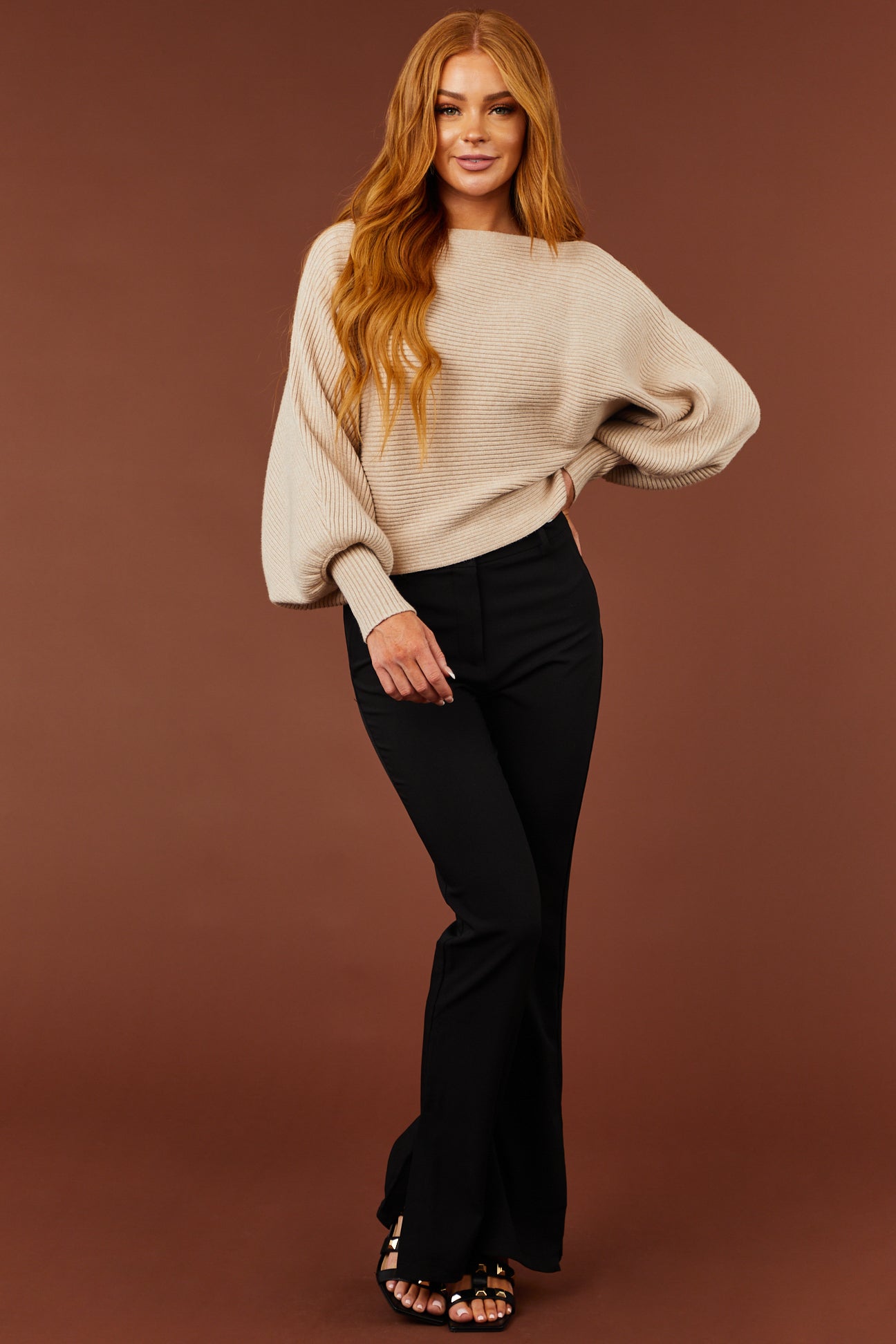 Black Slit Flare Leg Twill Pants