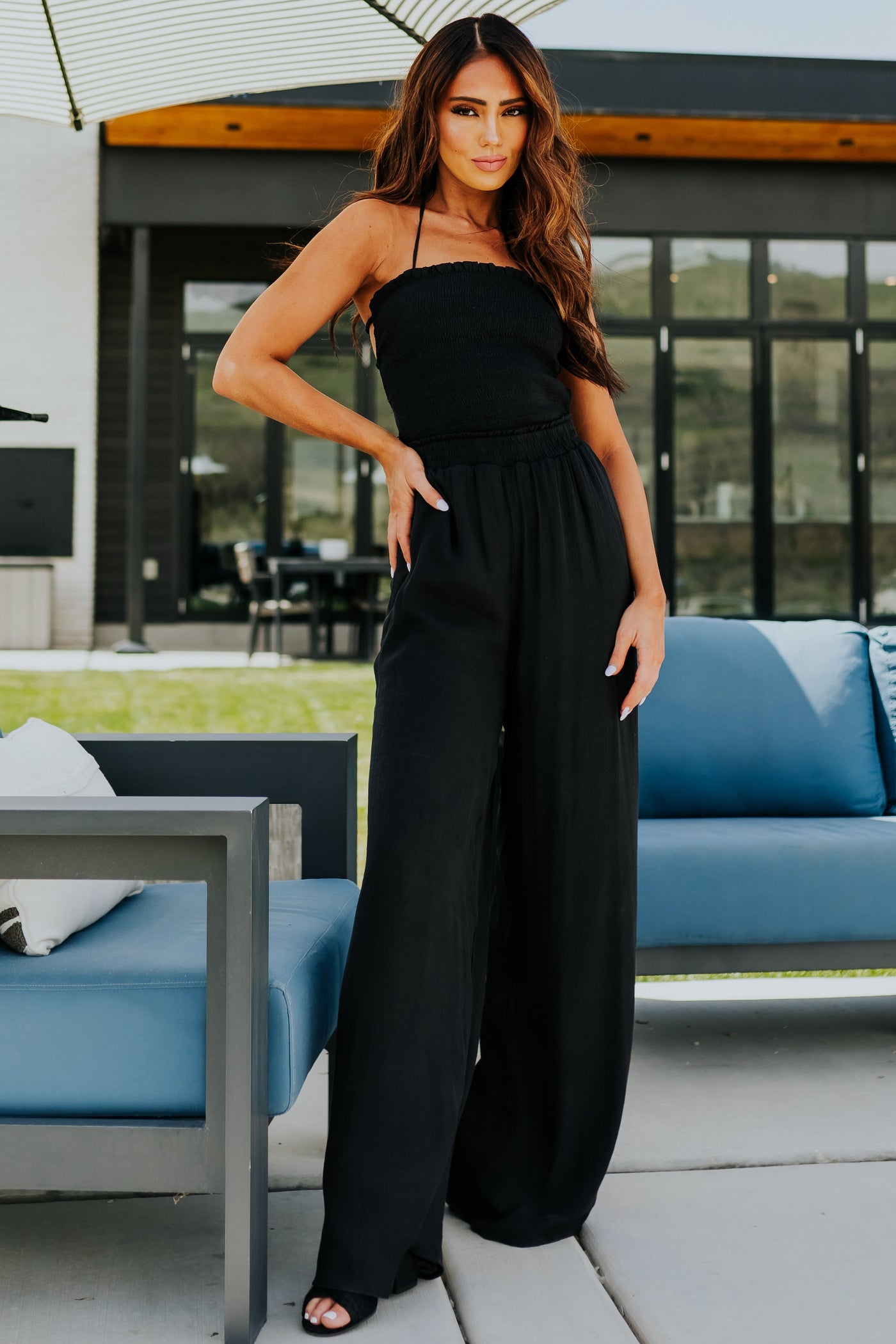 Black Smocked Halter Neck Woven Jumpsuit