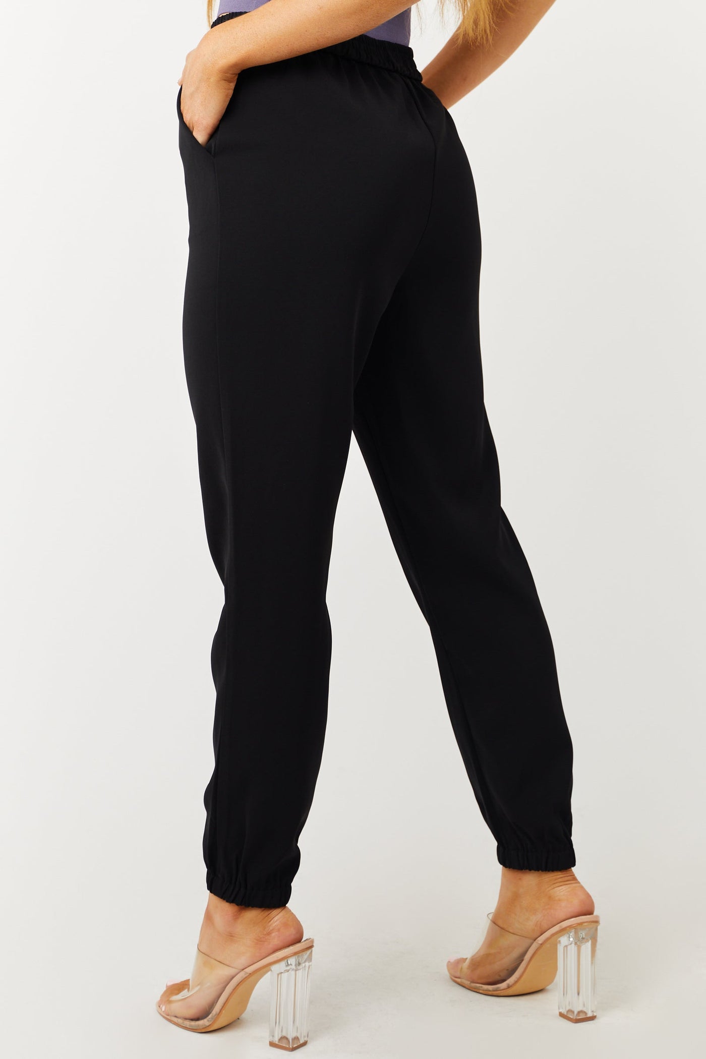 Black Smocked Waist Zip Up Button Jogger Pants
