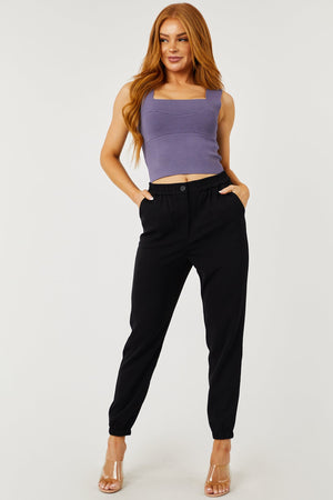 Black Smocked Waist Zip Up Button Jogger Pants