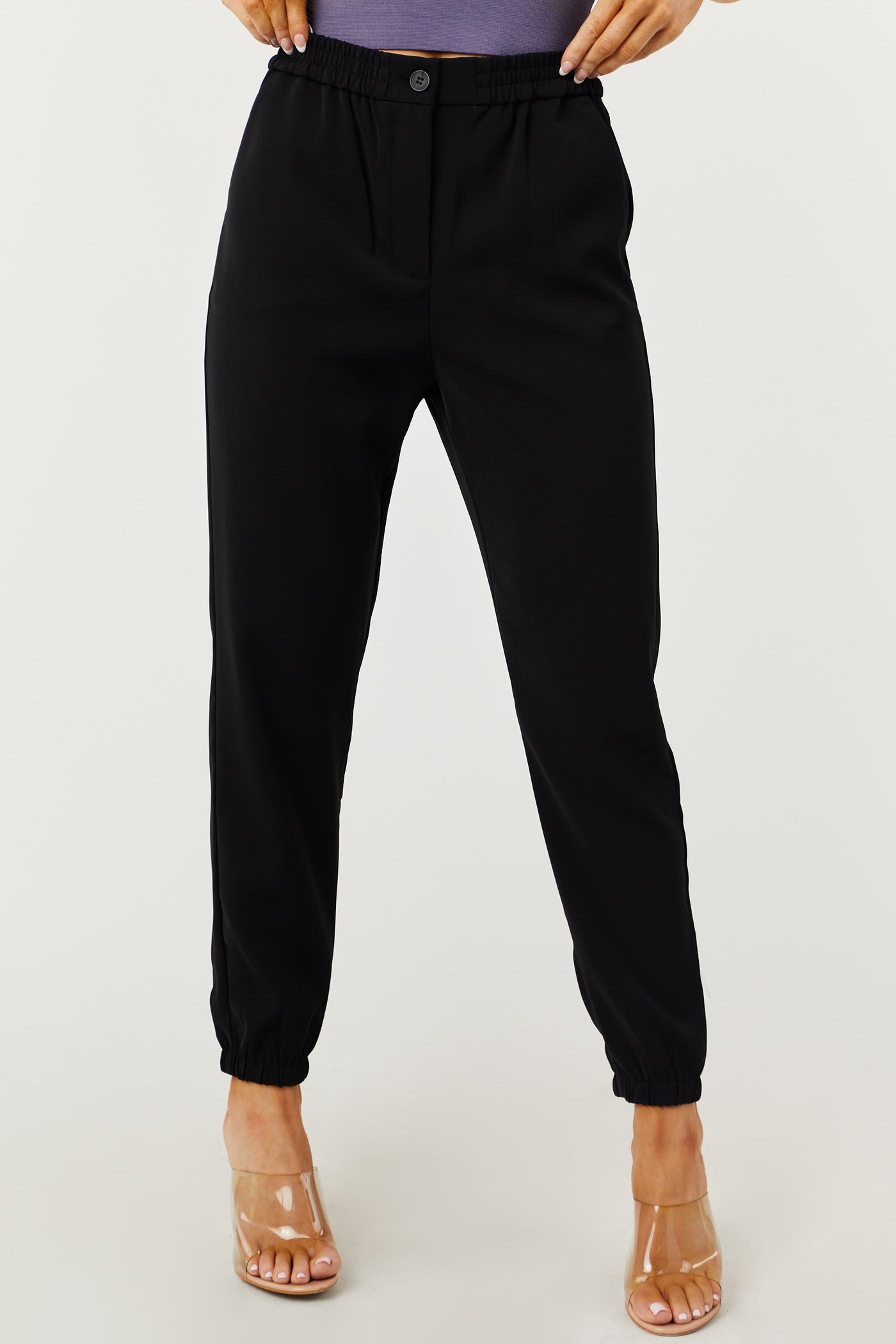 Black Smocked Waist Zip Up Button Jogger Pants