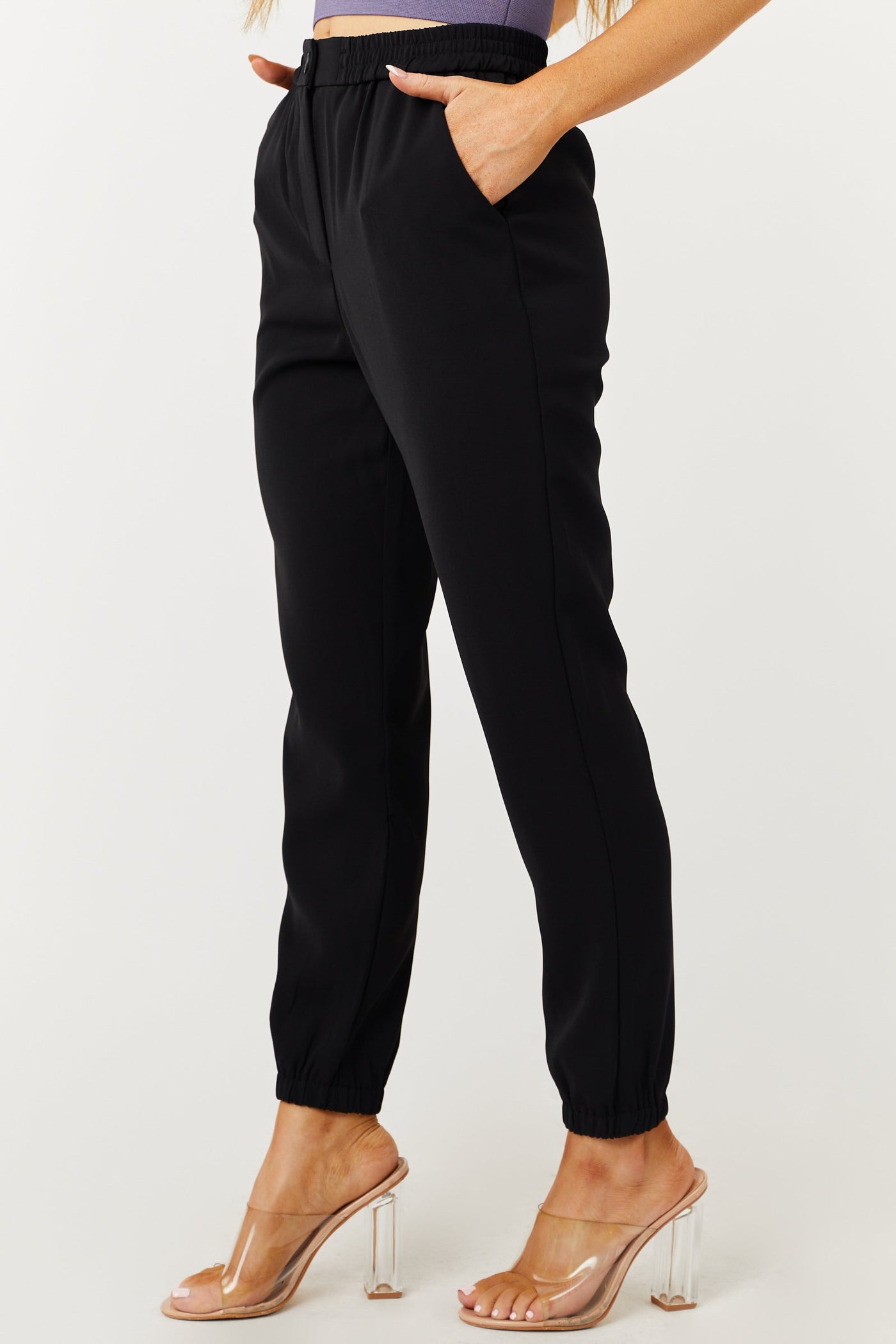 Black Smocked Waist Zip Up Button Jogger Pants