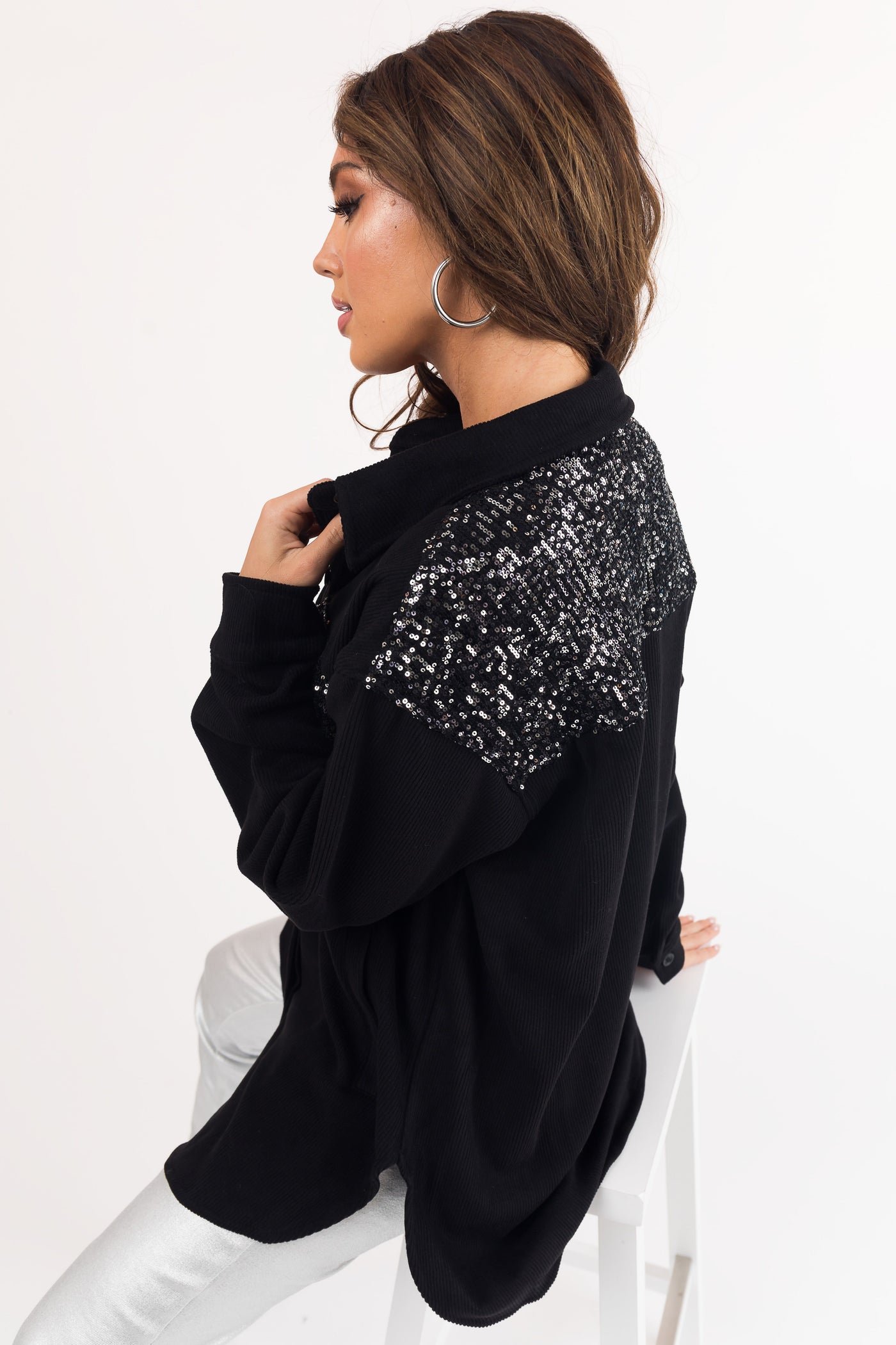 Black Soft Corduroy Shacket with Sequin Detail