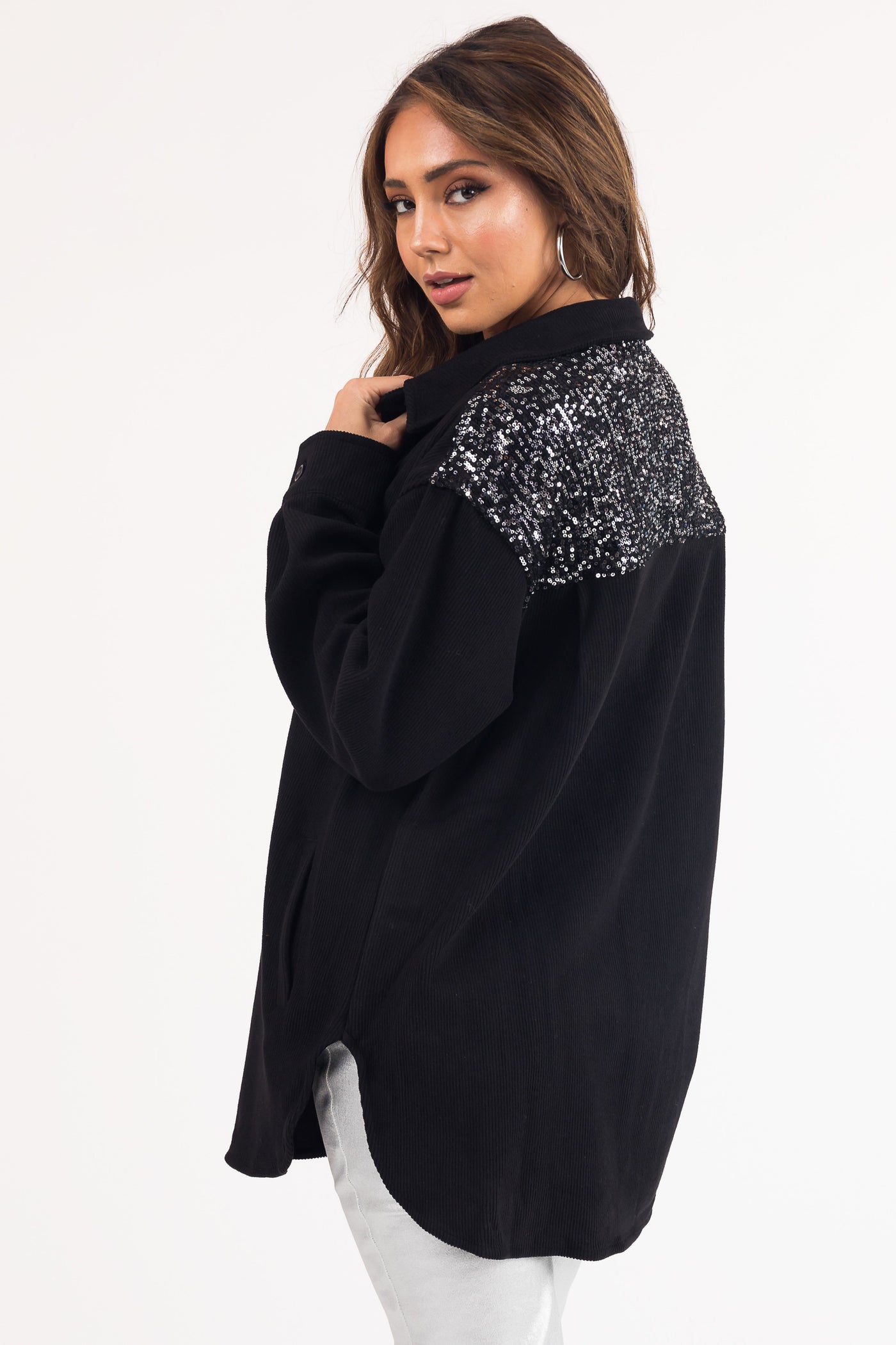 Black Soft Corduroy Shacket with Sequin Detail