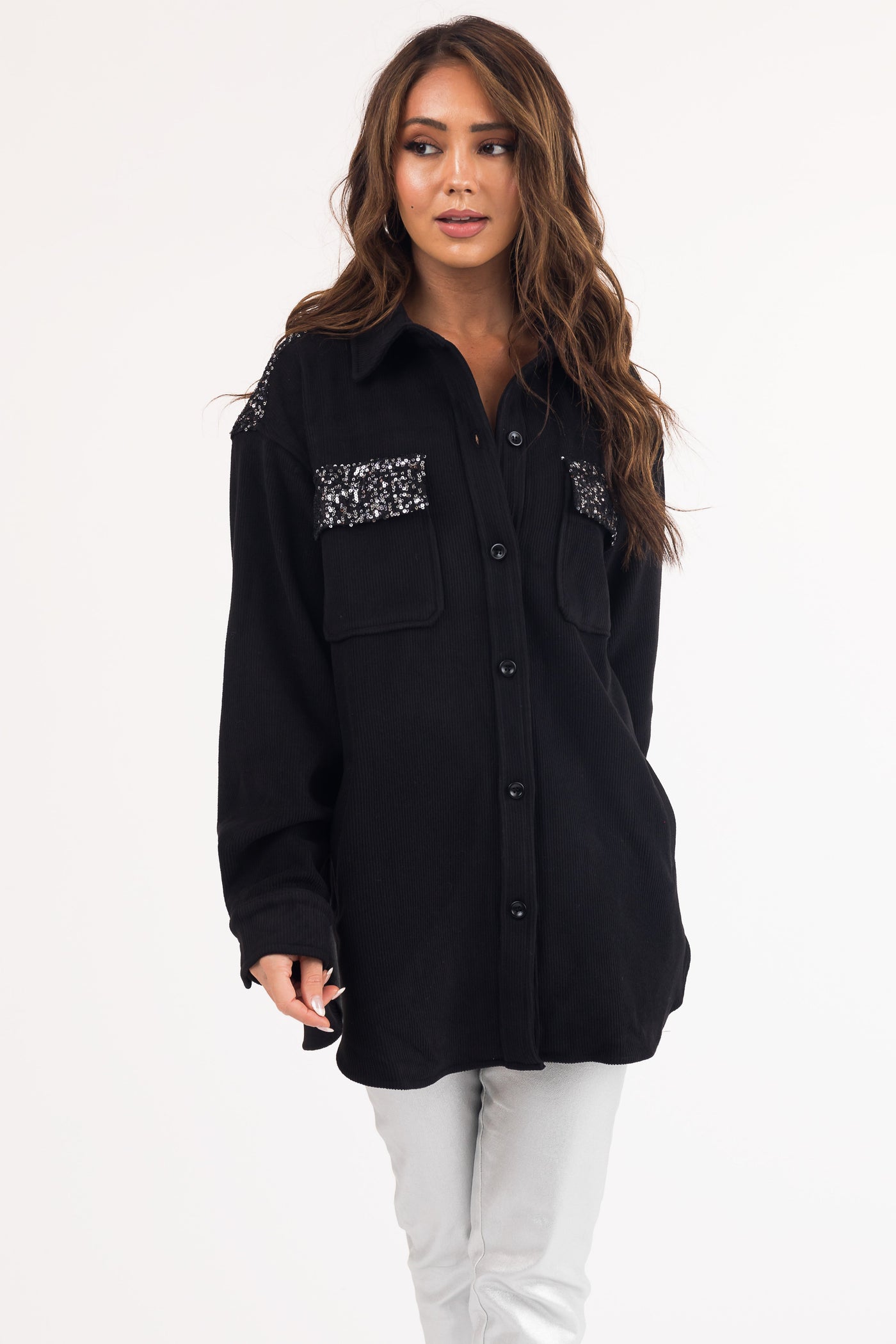 Black Soft Corduroy Shacket with Sequin Detail