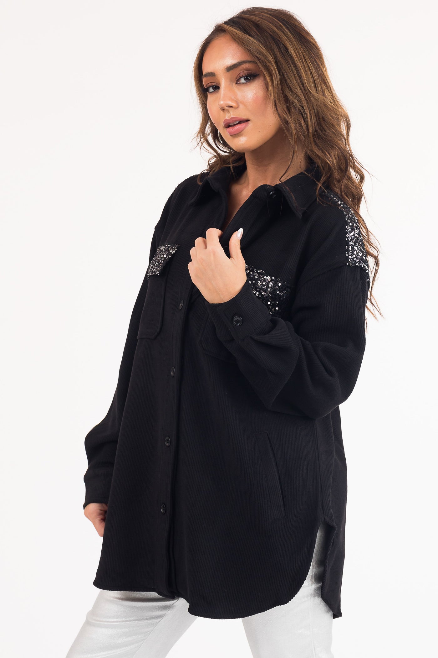 Black Soft Corduroy Shacket with Sequin Detail
