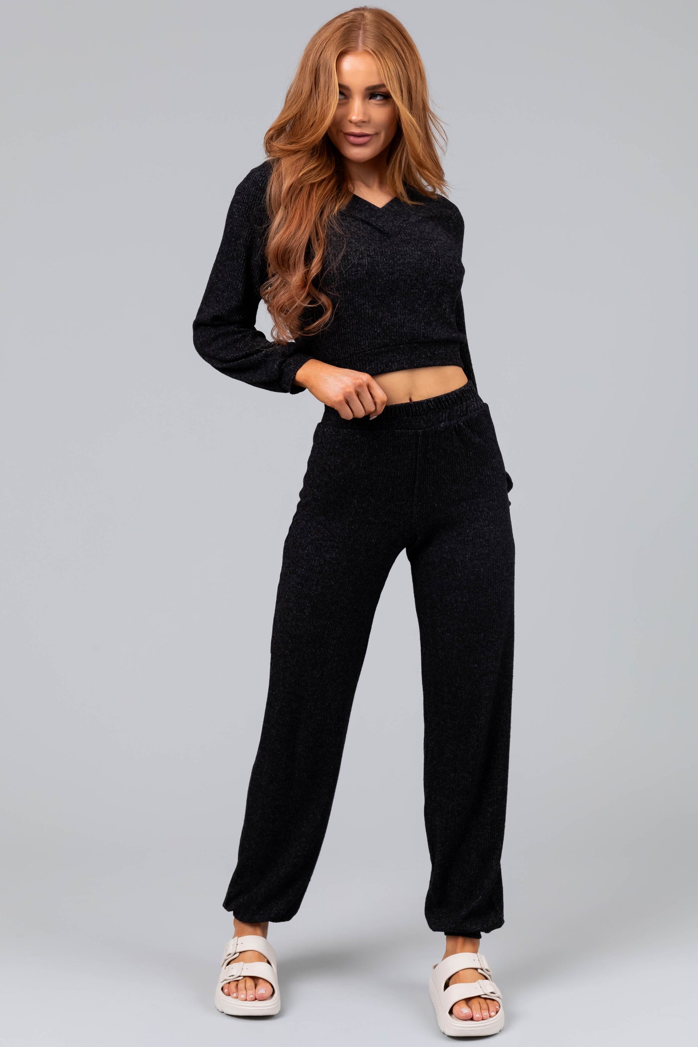 Black Soft Crop Top and Jogger Loungewear Set