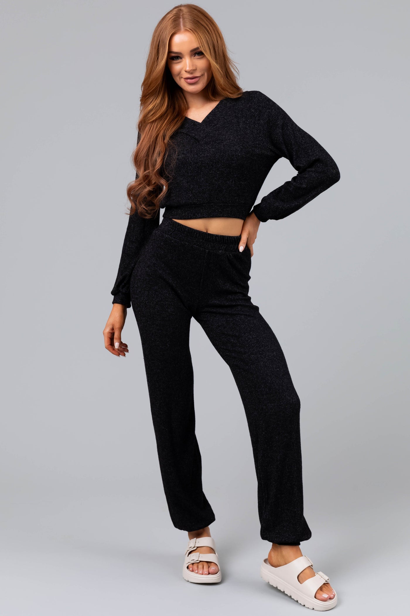 Black Soft Crop Top and Jogger Loungewear Set