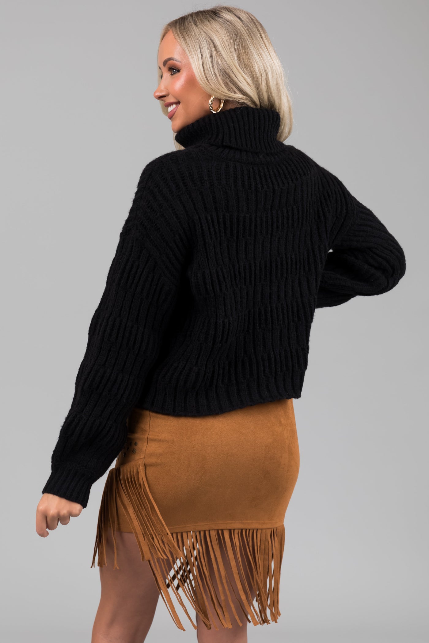Black Soft Knit Textured Turtleneck Sweater