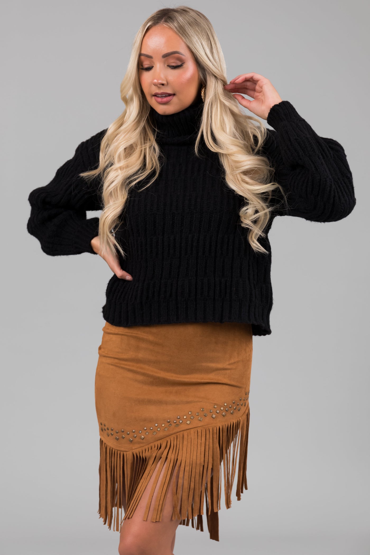 Black Soft Knit Textured Turtleneck Sweater