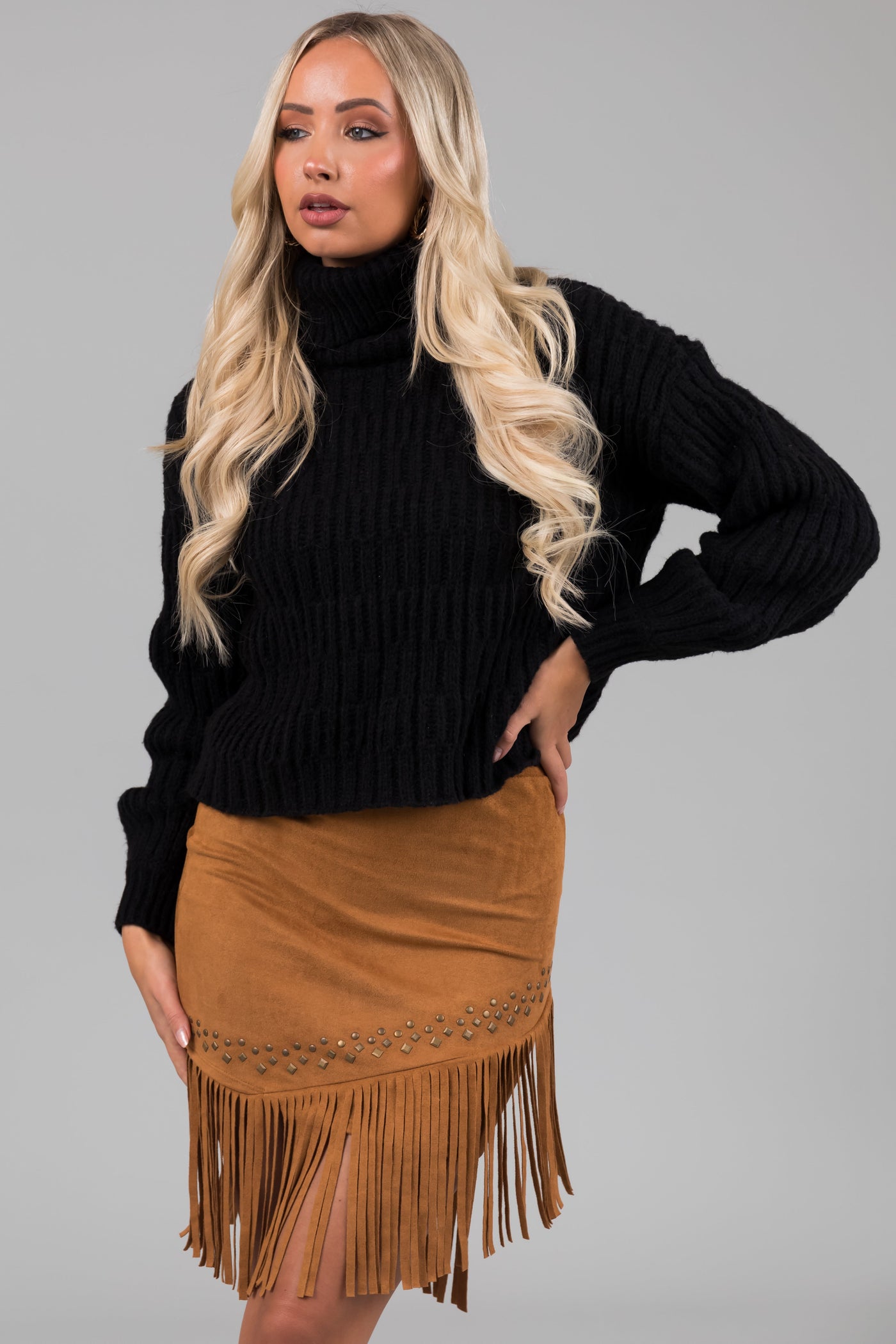 Black Soft Knit Textured Turtleneck Sweater