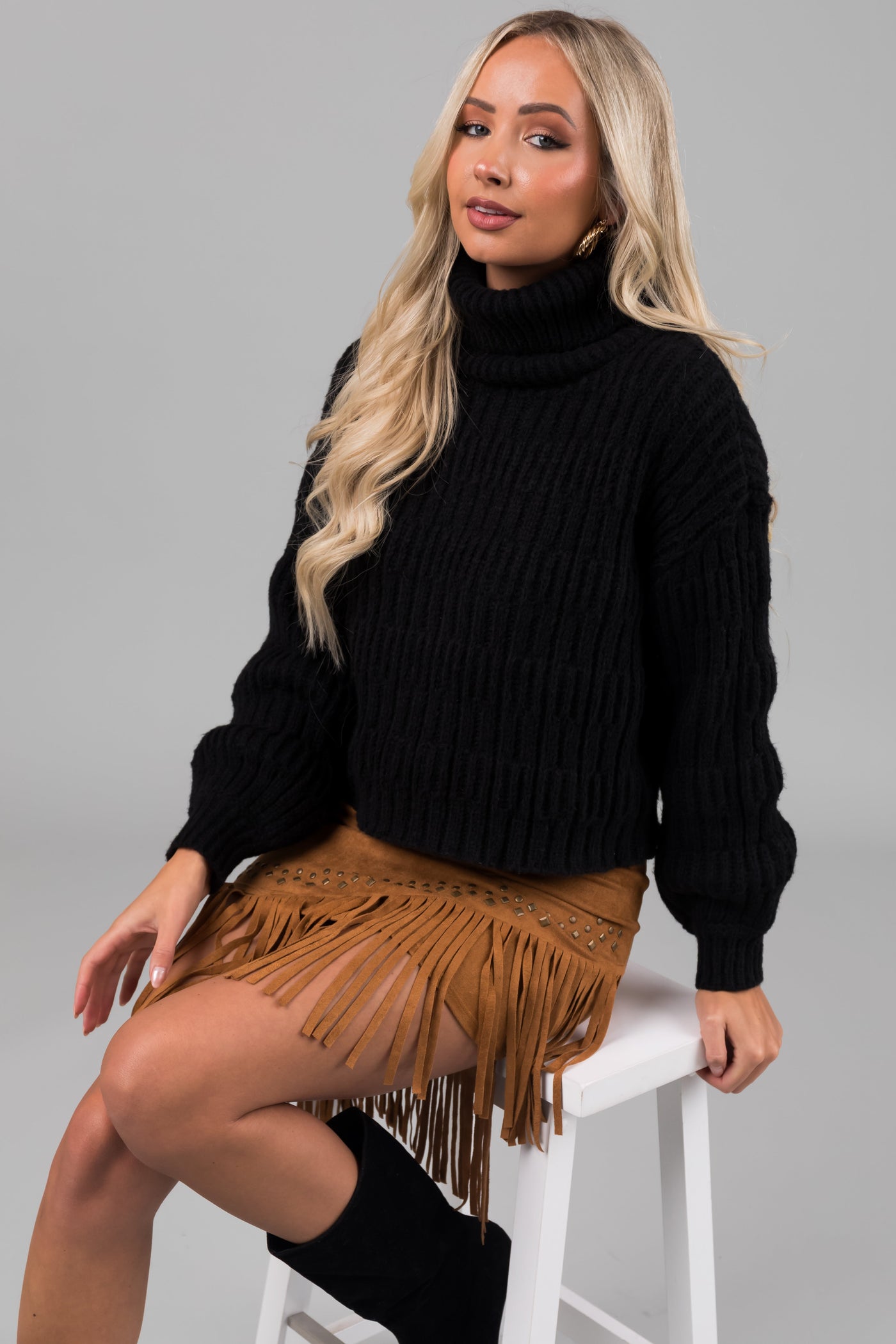 Black Soft Knit Textured Turtleneck Sweater
