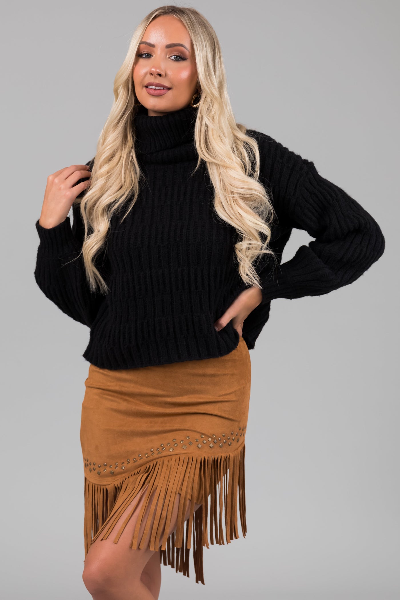 Black Soft Knit Textured Turtleneck Sweater