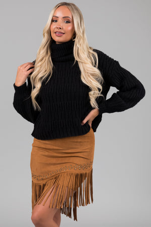 Black Soft Knit Textured Turtleneck Sweater