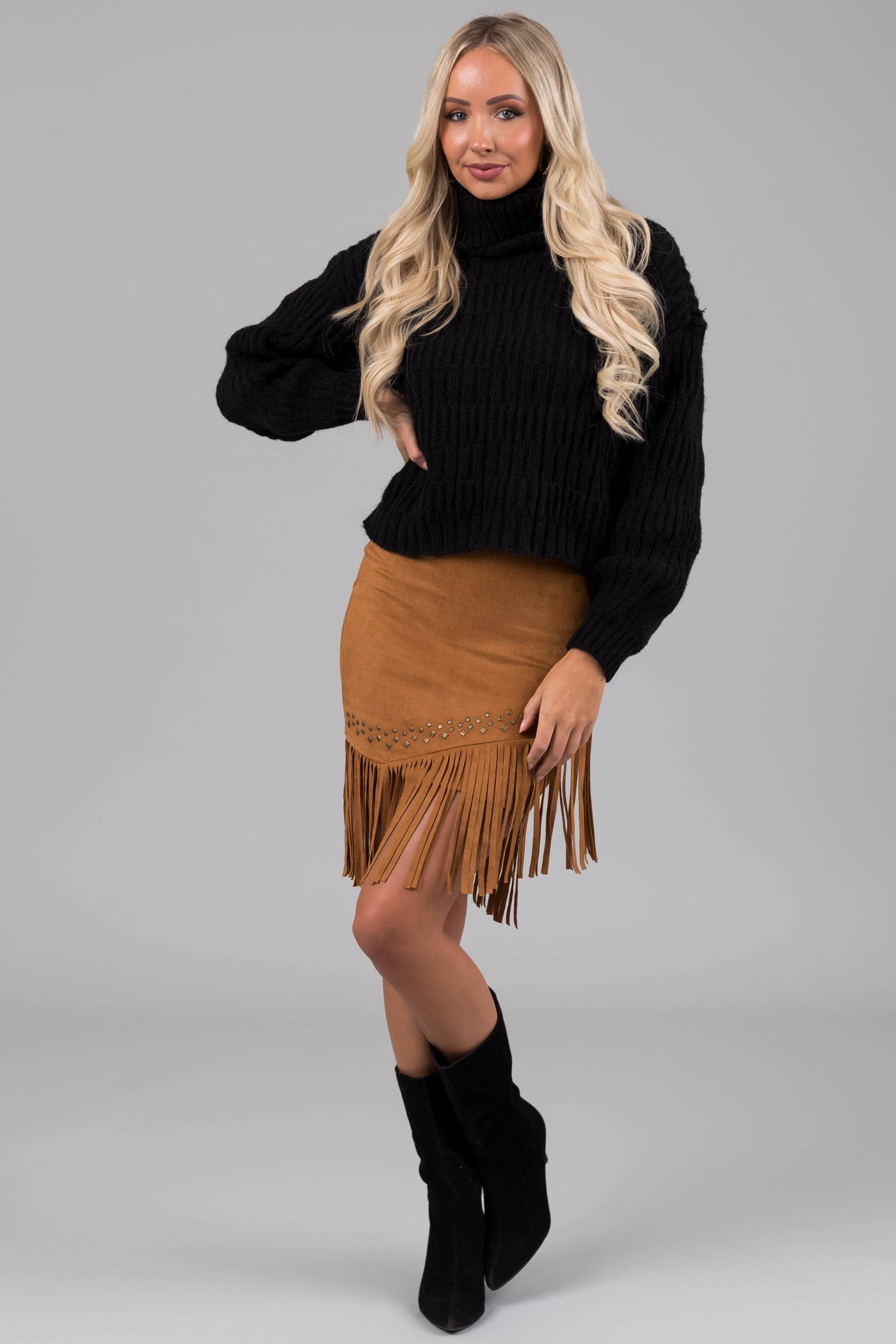 Black Soft Knit Textured Turtleneck Sweater