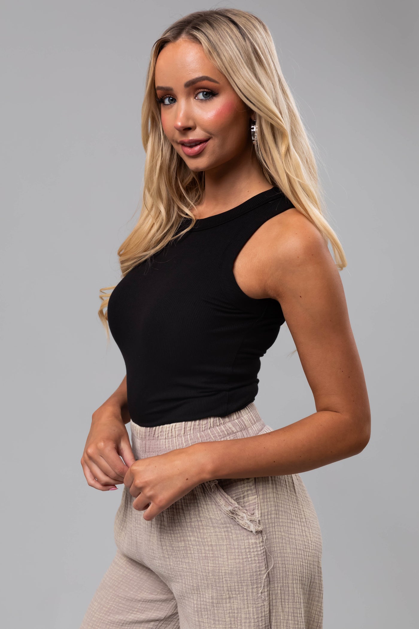 Black Soft Stretchy Ribbed Knit Tank Top