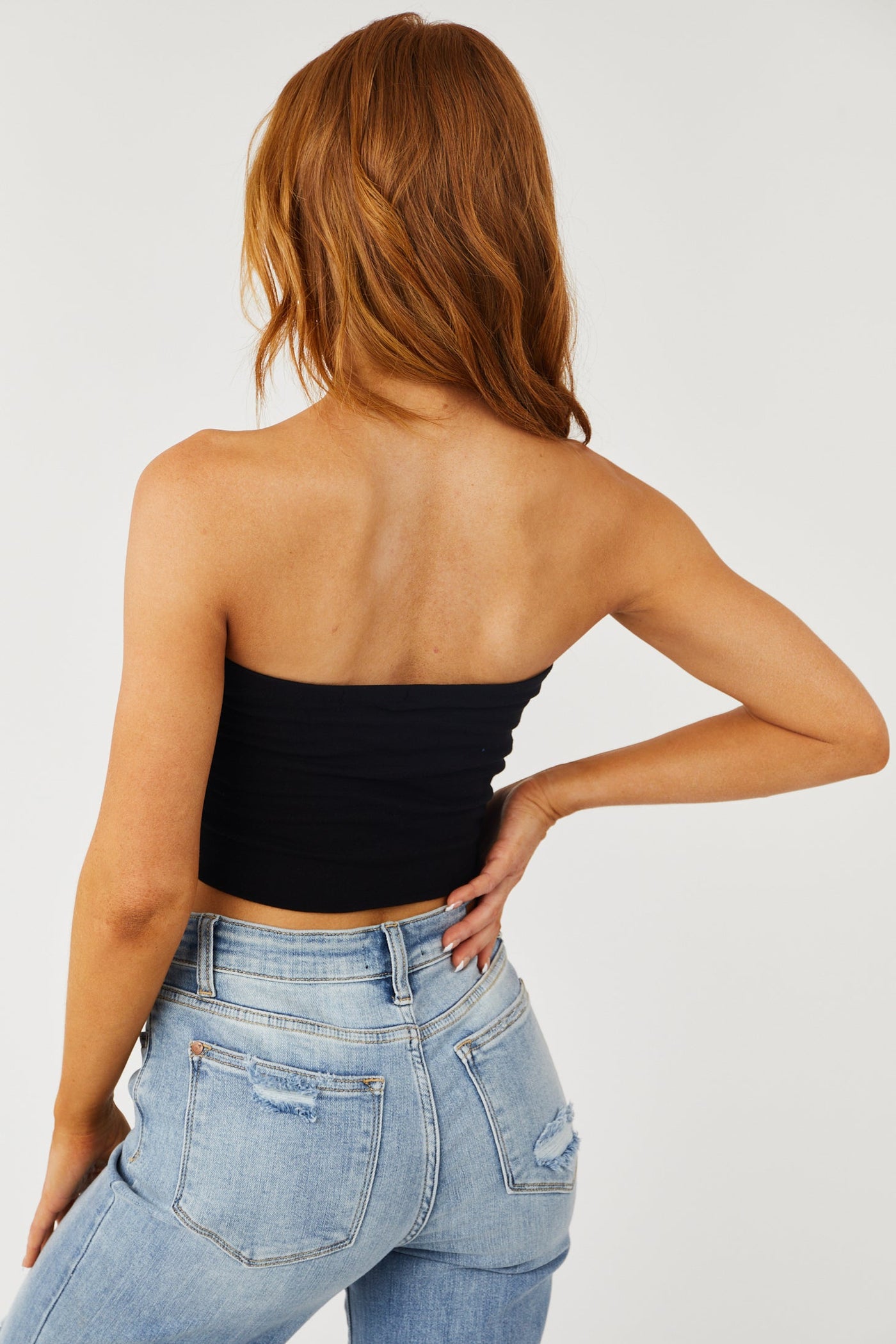 Black Solid Cotton Knit Strapless Crop Top