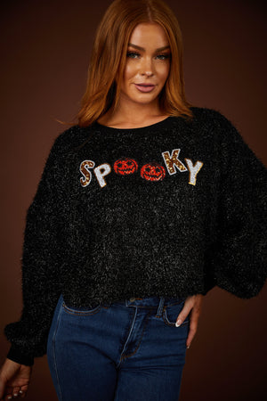 Black 'Spooky' Tencel Knit Graphic Cropped Sweater