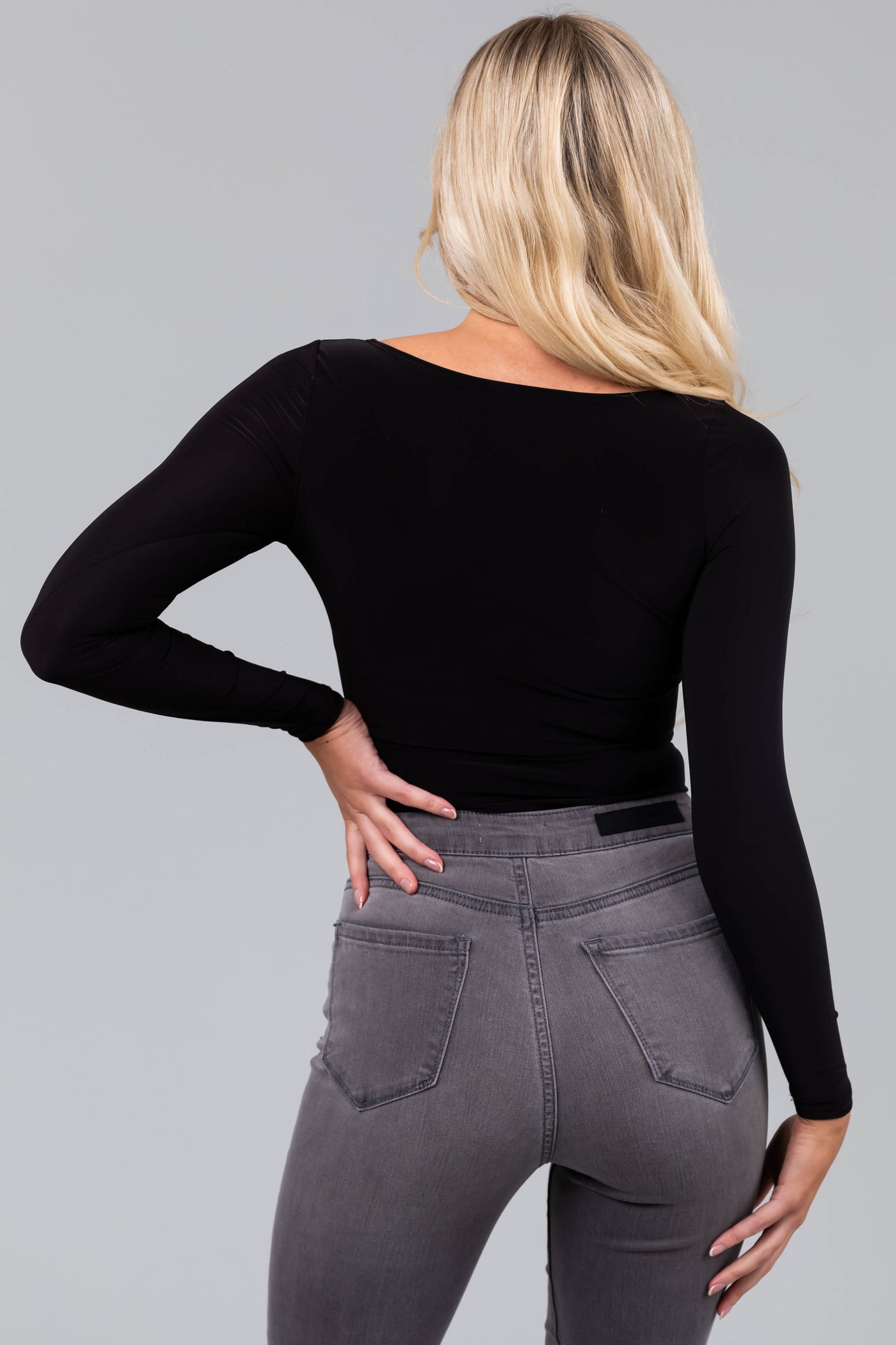 Black Square Neck Long Sleeve Solid Bodysuit