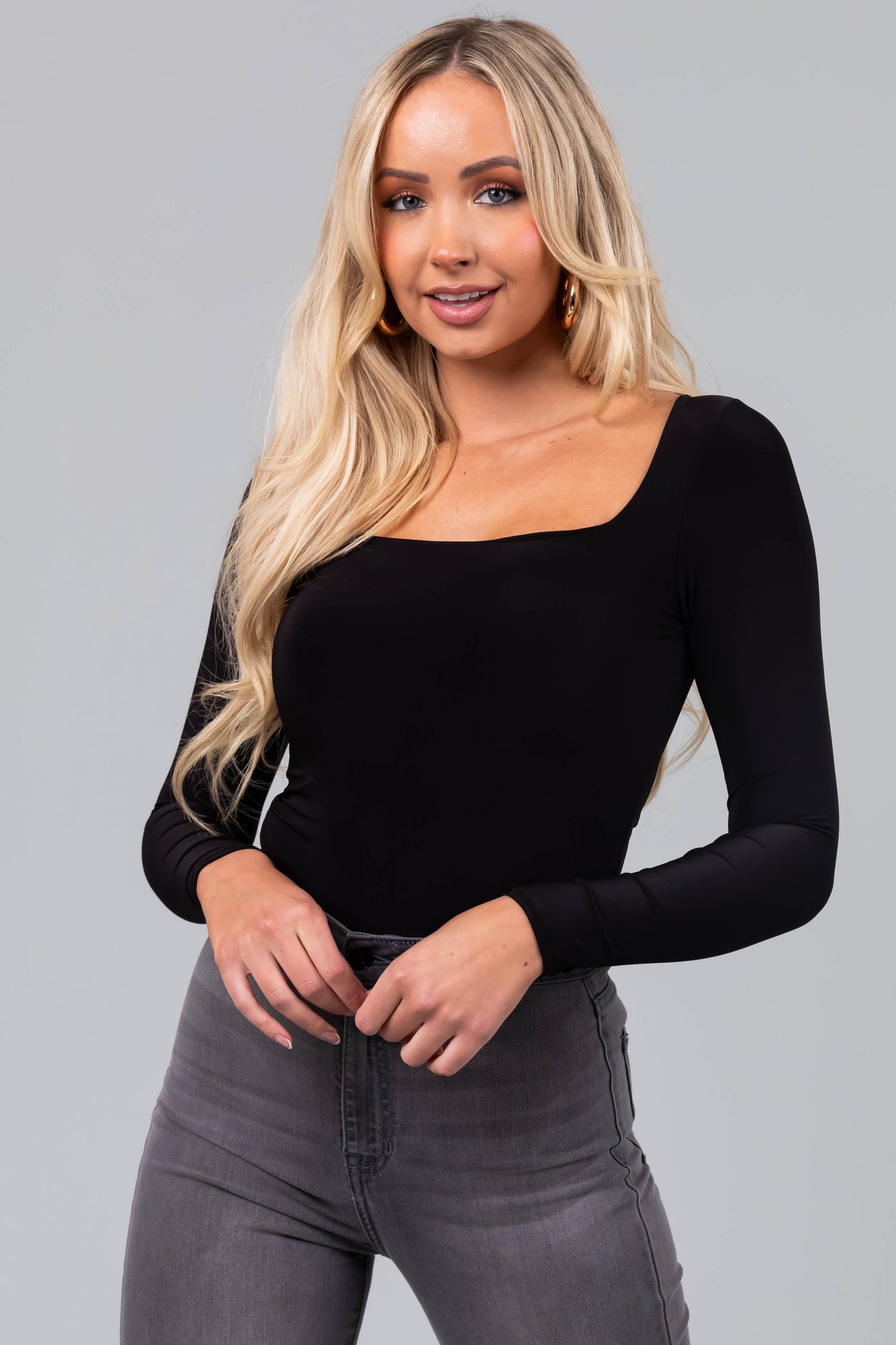 Black Square Neck Long Sleeve Solid Bodysuit