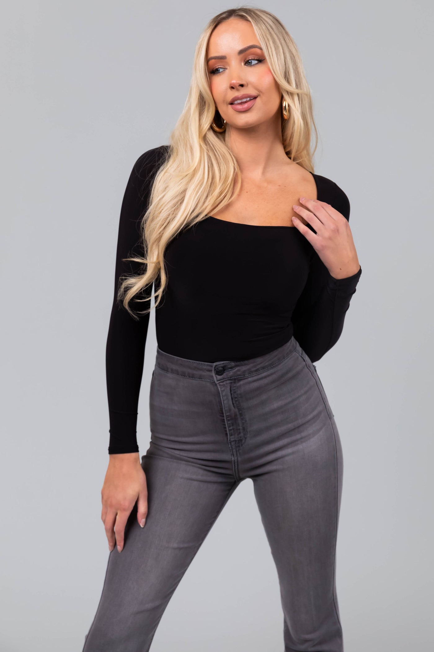 Black Square Neck Long Sleeve Solid Bodysuit