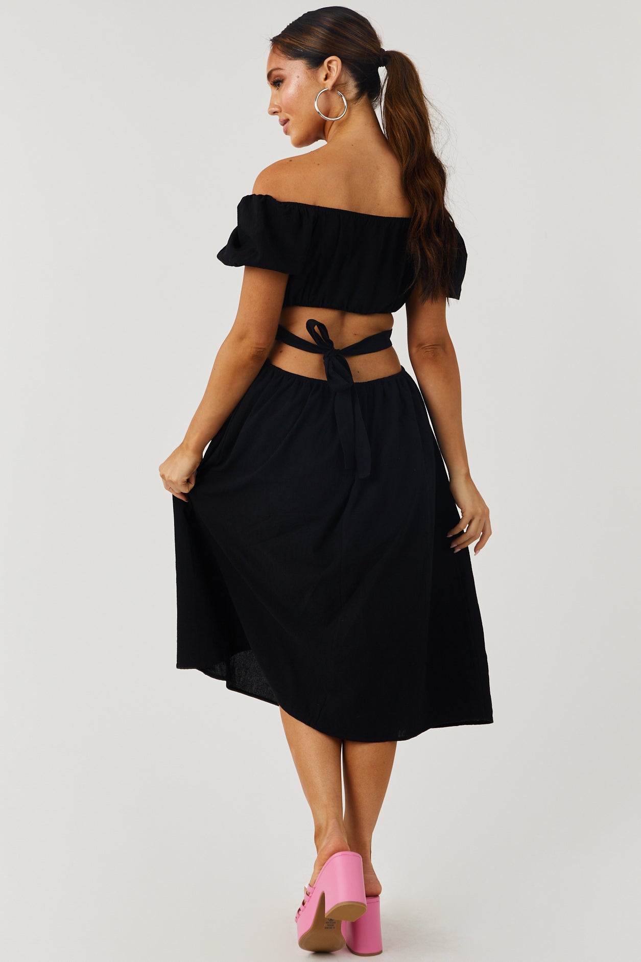 Black Square Neck Puff Sleeve Midi Dress