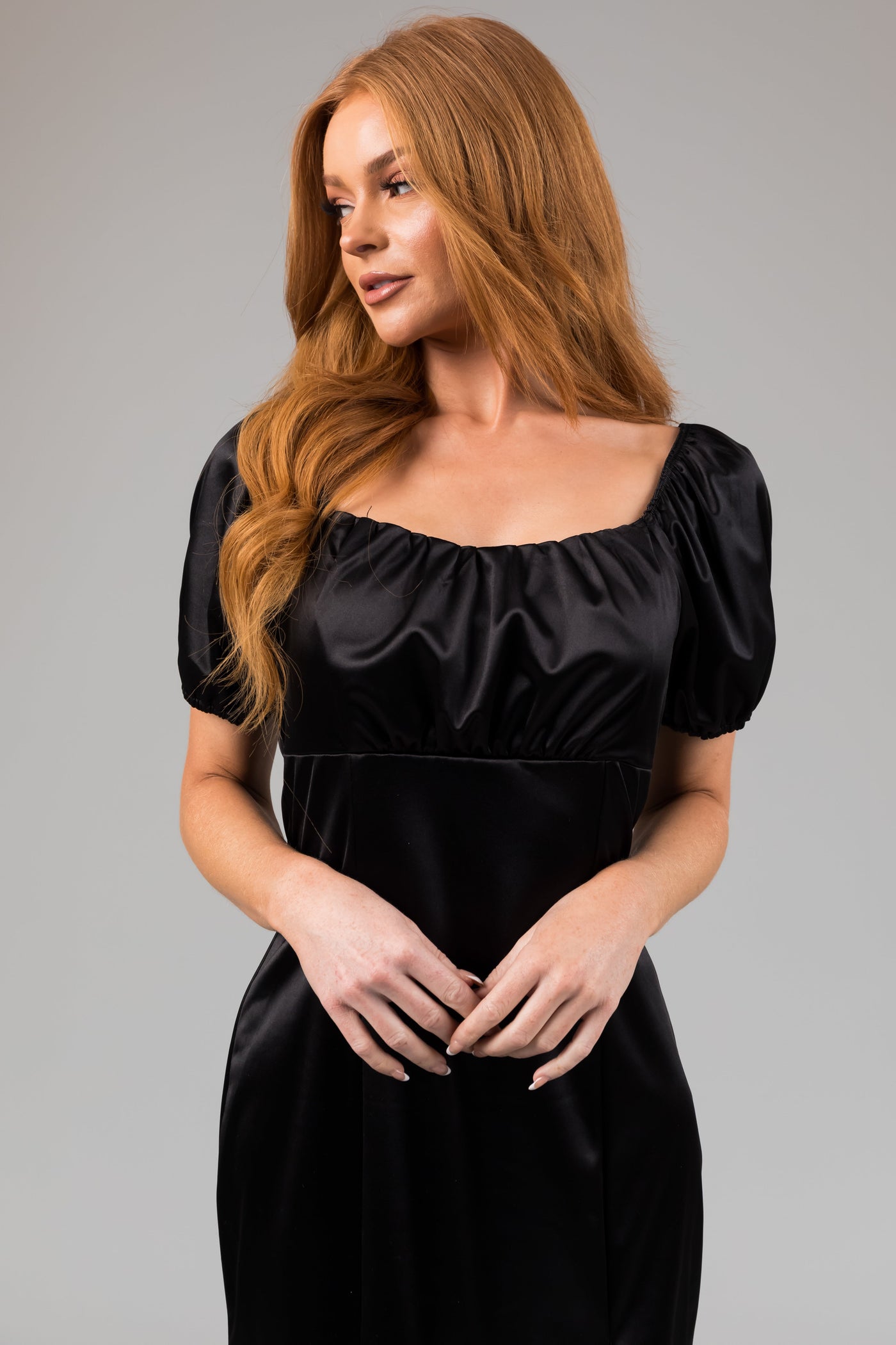 Black Square Neck Puff Sleeve Satin Midi Dress