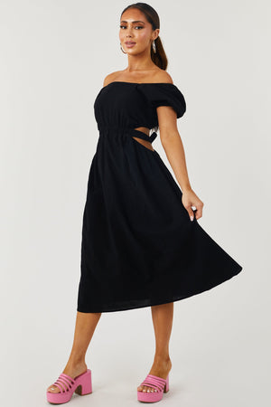 Black Square Neck Puff Sleeve Midi Dress