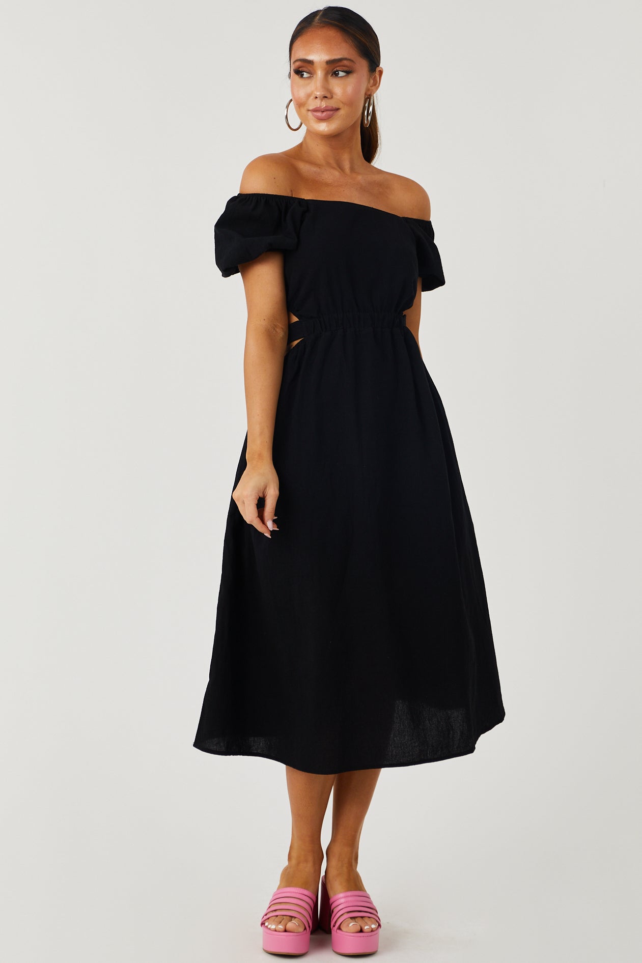 Black Square Neck Puff Sleeve Midi Dress