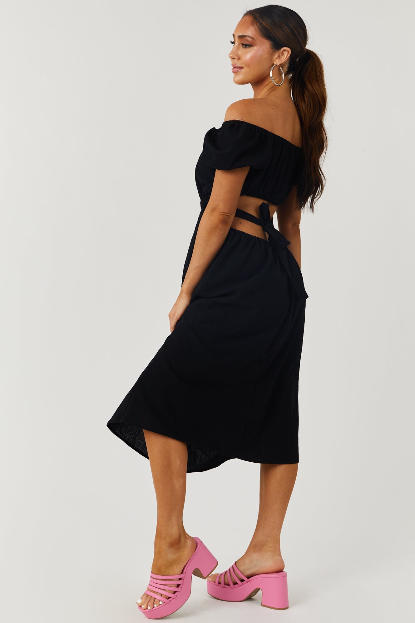 Black Square Neck Puff Sleeve Midi Dress