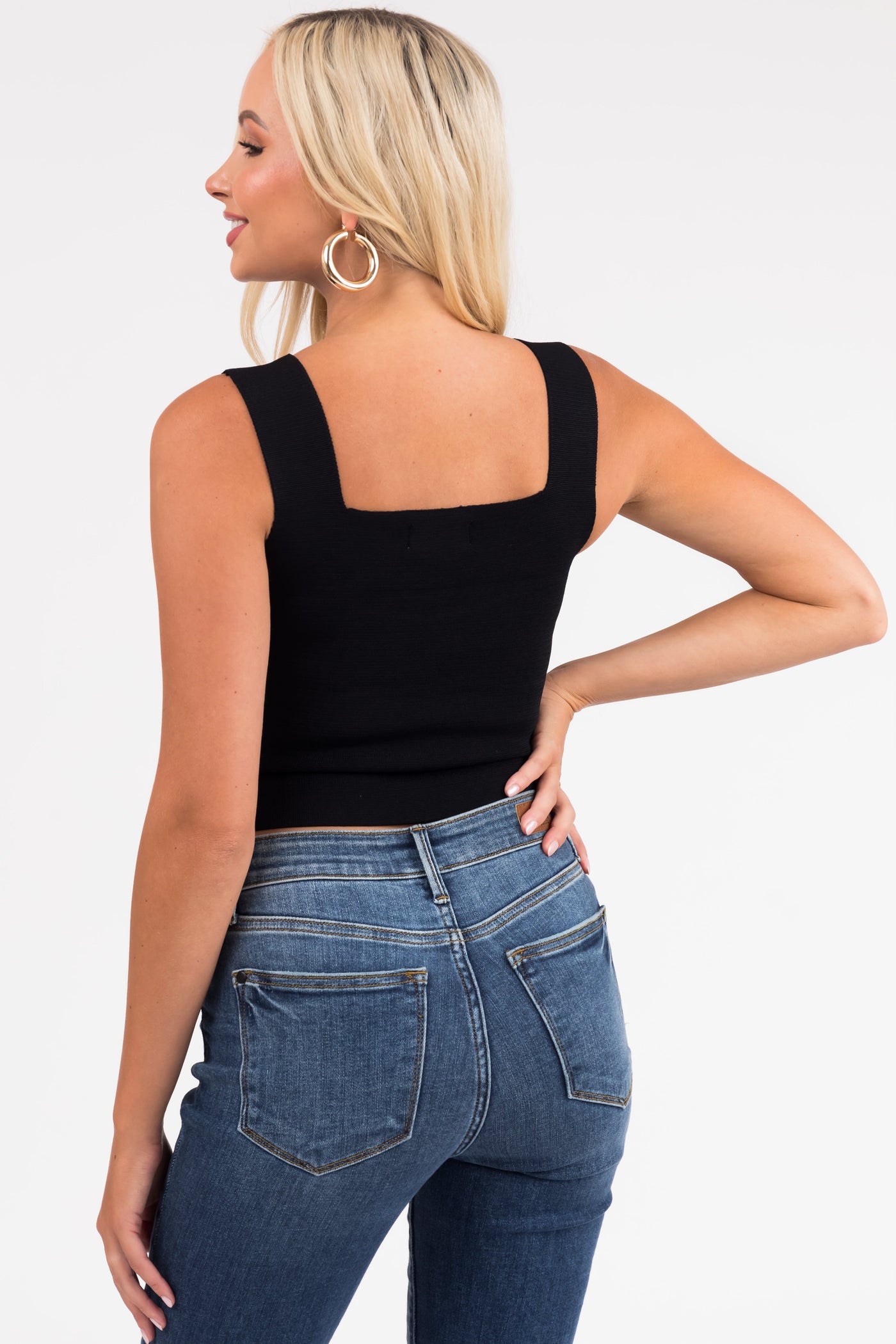 Black Square Neck Thick Knit Tank Top