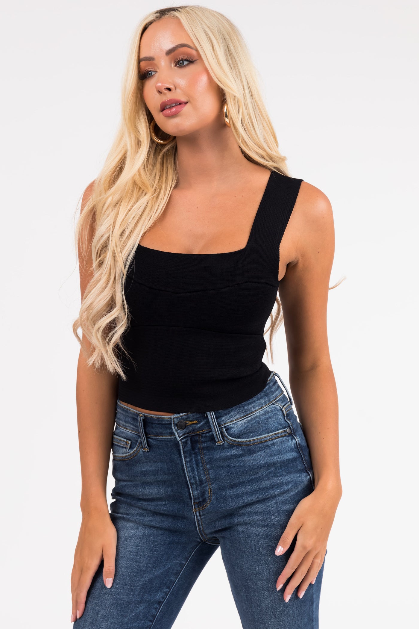 Black Square Neck Thick Knit Tank Top