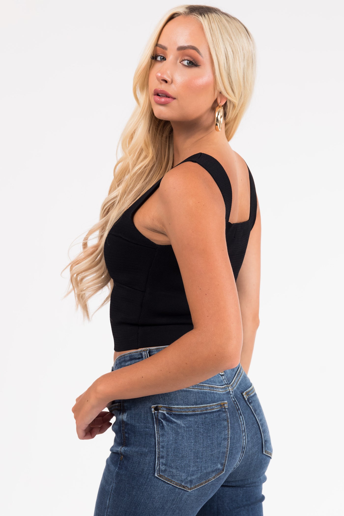 Black Square Neck Thick Knit Tank Top