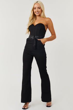 Black Strapless Flare Leg Jumpsuit with Belt