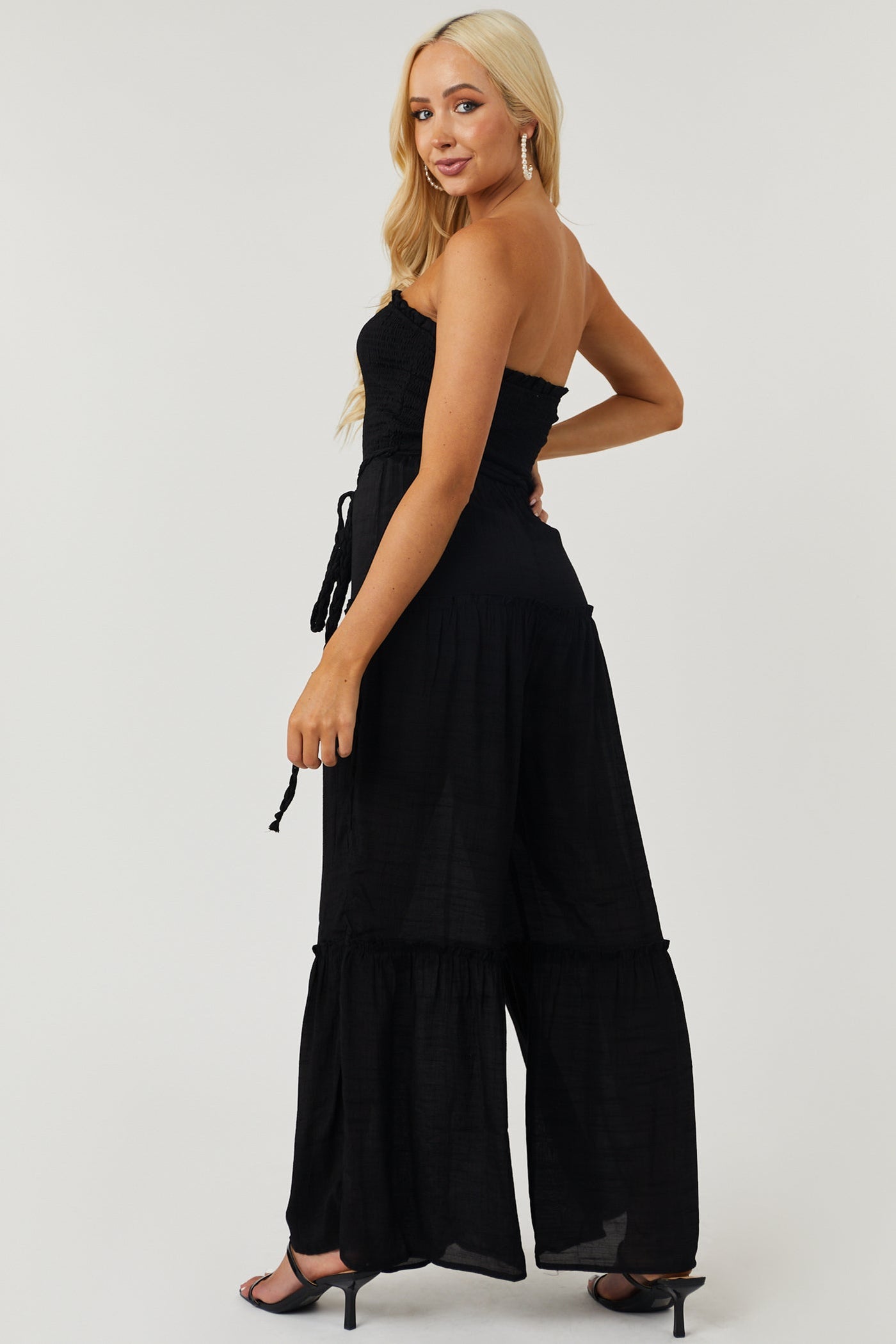 Black Strapless Smocked Jumpsuit with Tie Detail